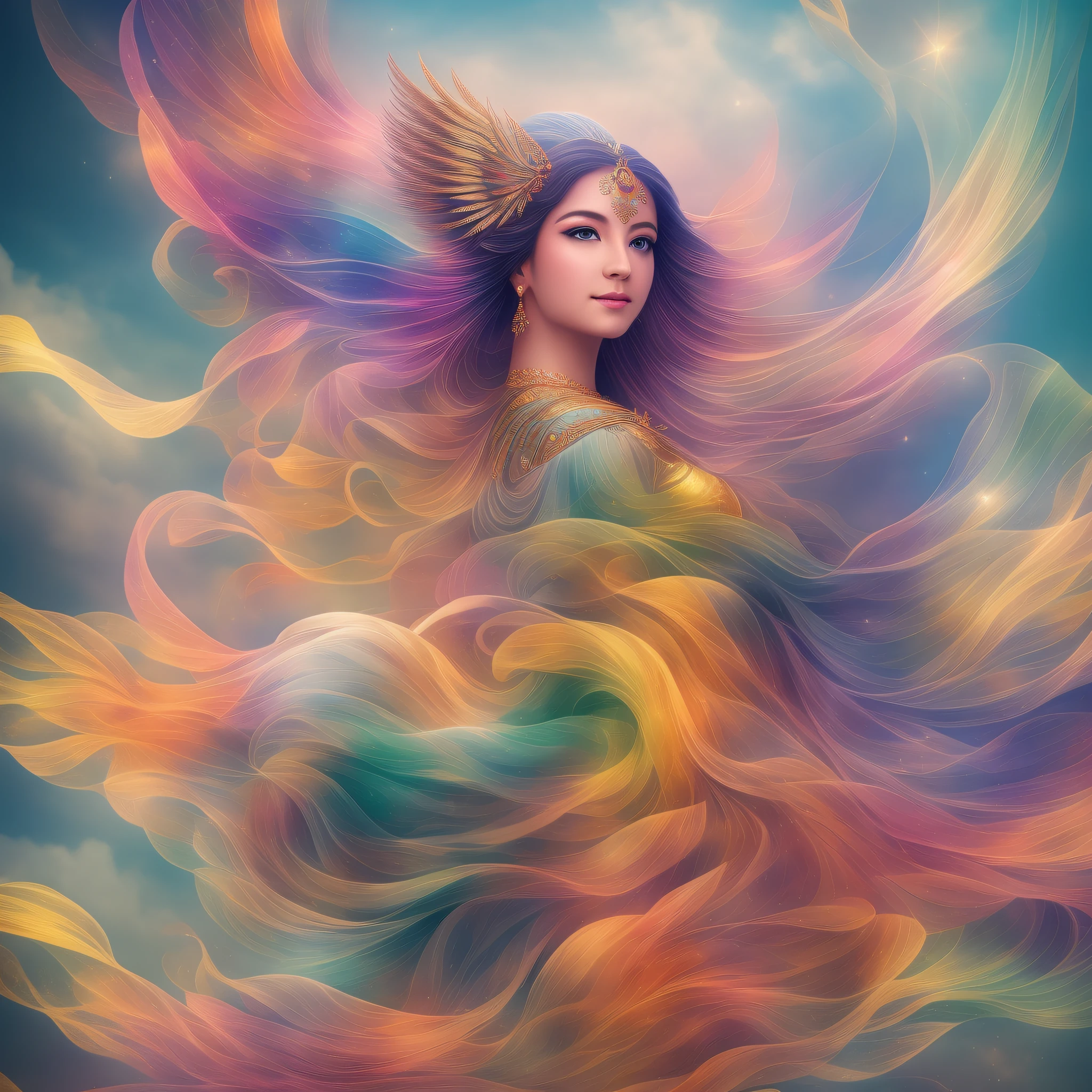 Imagine the goddess of the wind in the sky, radiating beauty and elegance. Imagine her with iridescent wings, floating in the sky, surrounded by swirling clouds and delicate currents of wind. Photorealistic, Masterpiece, Top Quality, Super Detail, HDR, 8K