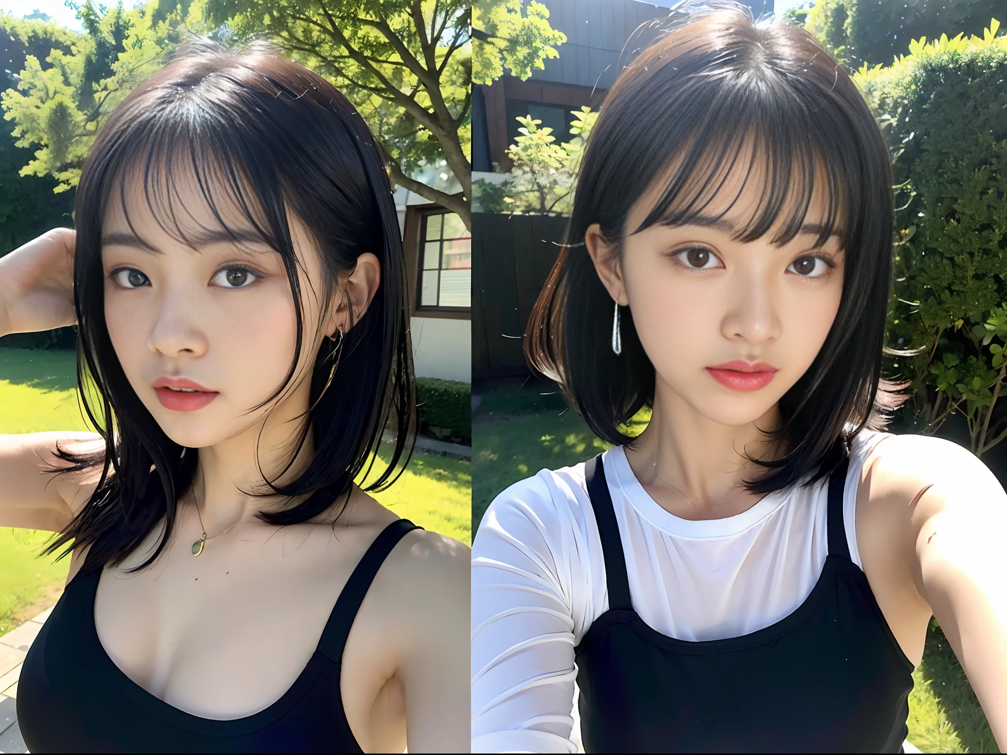 (8k, RAW photos, top quality, masterpiece: 1.2) Alafe woman with black hair and bangs 1, photo inspired by Ma Yuanyu, Instagram, folk art, she has black hair with bangs, Ulzan, One adorable Korean face, Sun Yunju, full bang, chassis, black princess cut hair, bangs and neat hair, gym shorts with slit, wet hair, short hair, outdoor, nasty face, sexy, earring