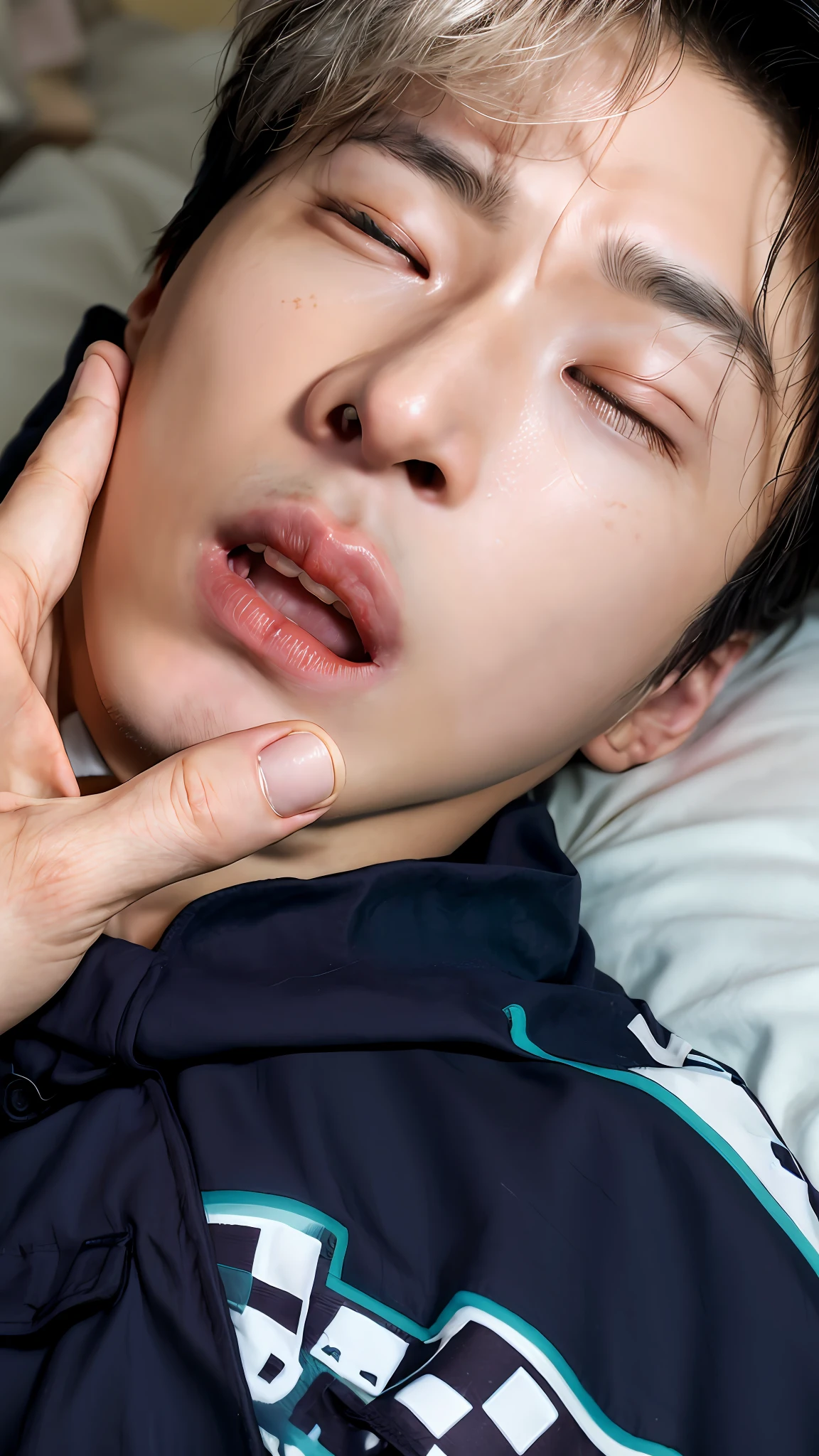there is a man laying on a bed with his eyes closed, 1 7 - year - old boy thin face, deformed face, jimin\'s right eyelid swollen, hand on his cheek, with mouth open, laying on a bed, korean muscle boy 2 , sleepy expression, giga chad crying, busted crushed face, wan adorable korean face