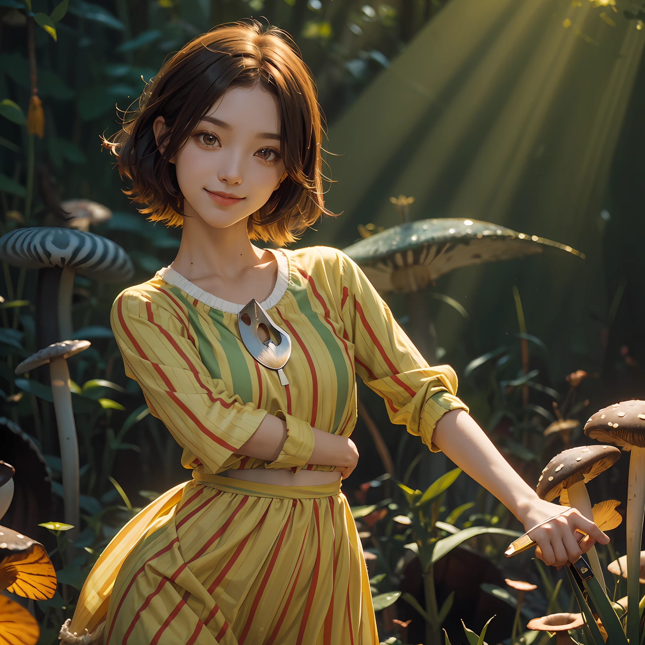 Red eyes, girl, holding a knife, yellow-green striped shirt with thicker stripes, red eyes glowing red, head tilted, short brown hair mushroom head, with a clear smile on his face, Chara, two-dimensional, standing among golden flowers with a ray of light above his head
