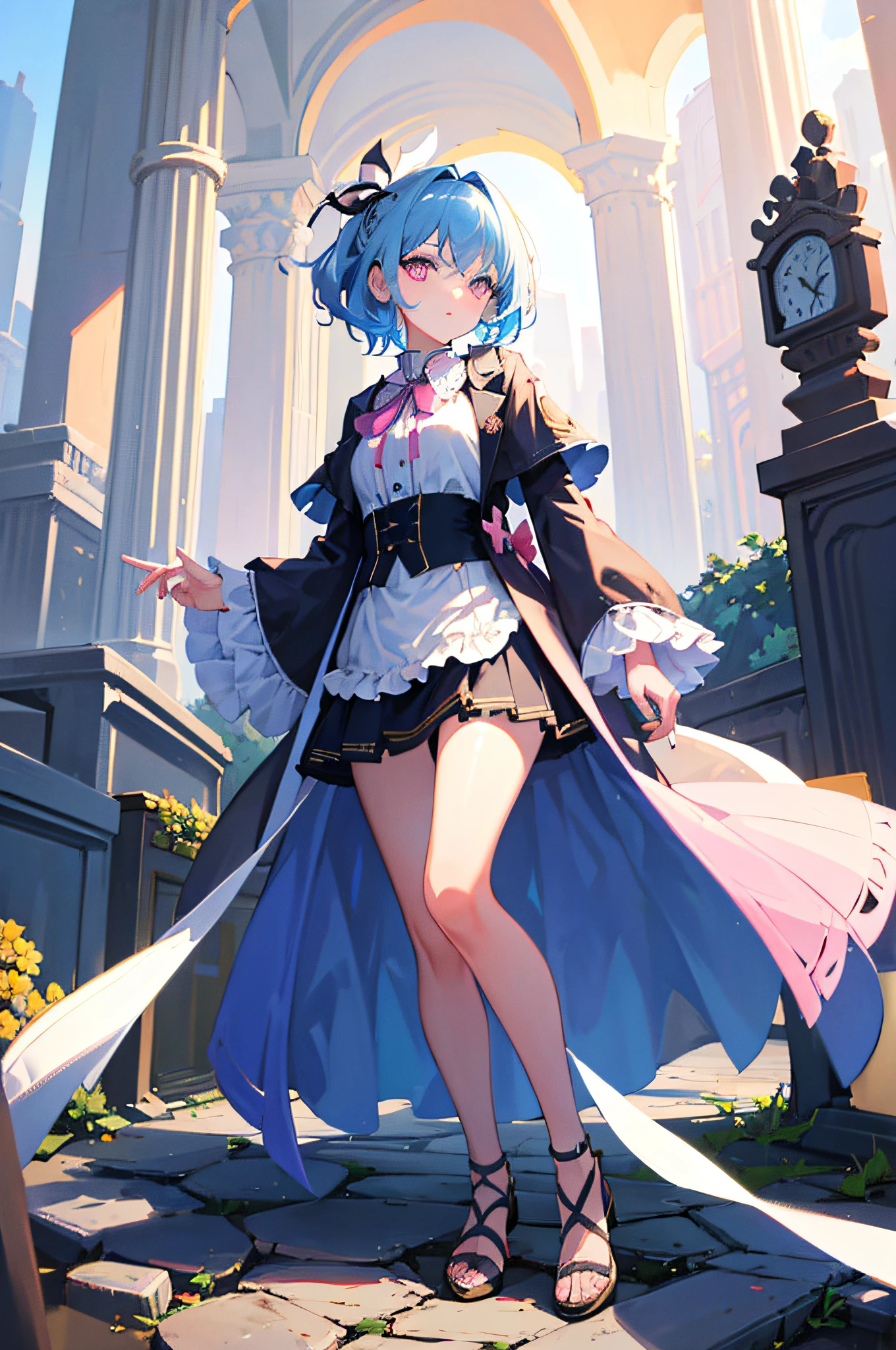 (fine beautiful eyes and detailed face, masterpiece side light, masterpiece, best quality, detailed, high resolution illustration), (1 girl, full body, beautiful girl, shiny skin, looking down, looking at the audience), (sky blue hair, pink eyes, short skirt, ribbon, button shirt)