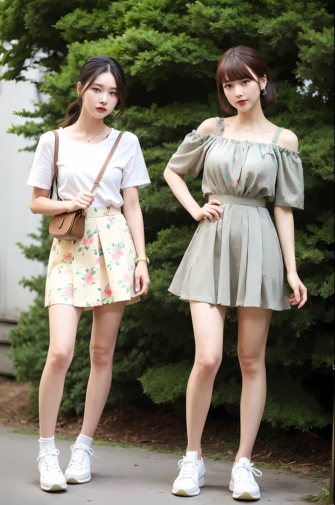 Next of course is the short skirt! Girls who like sweet style can choose cute forest girl floral dress. It's super stylish and comfortable, especially when paired with white sneakers and a beige cross-body bag.