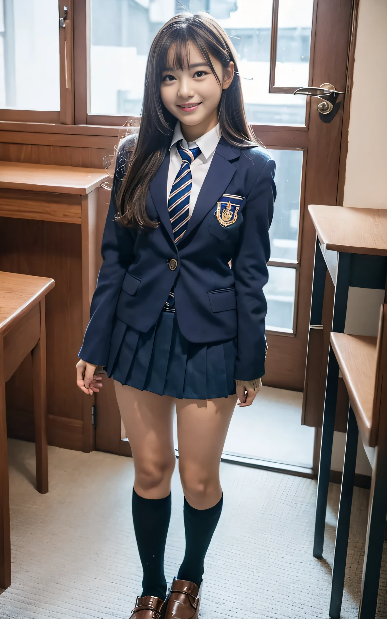 Young woman in school uniform poses for photo, girl in school uniform, girl in Japan school uniform, wearing Japan school uniform, Seifuku, Japan girl wearing school uniform, JK school uniform, surreal schoolgirl, wearing school uniform, wearing school uniform, shot with Canon 5D Mk4, shot with Canon EOS 5D Mark IV, schoolgirl wearing principal uniform, 1 woman closeup, 35mm masterpiece, vivid details, super detail, realistic skin texture, live action, super high quality, navy blue blazer school uniform, navy blue pleated mini skirt, dark blue socks, navy blue high socks, high socks, brown loafers, knee in high socks, smile, beautiful face, beautiful Japan woman, 18 years old, idol class cuteness, beautiful girl, full body shot, standing figure, beautiful thighs , Beautiful legs, beautiful high school girl, extremely cute, knee little boyr thigh, daytime, knee little boy out, healthigh, bare legs between knee little boy and skirt, socks frhe knee, natural light, chin raise, neck scruff, super cute high school girl