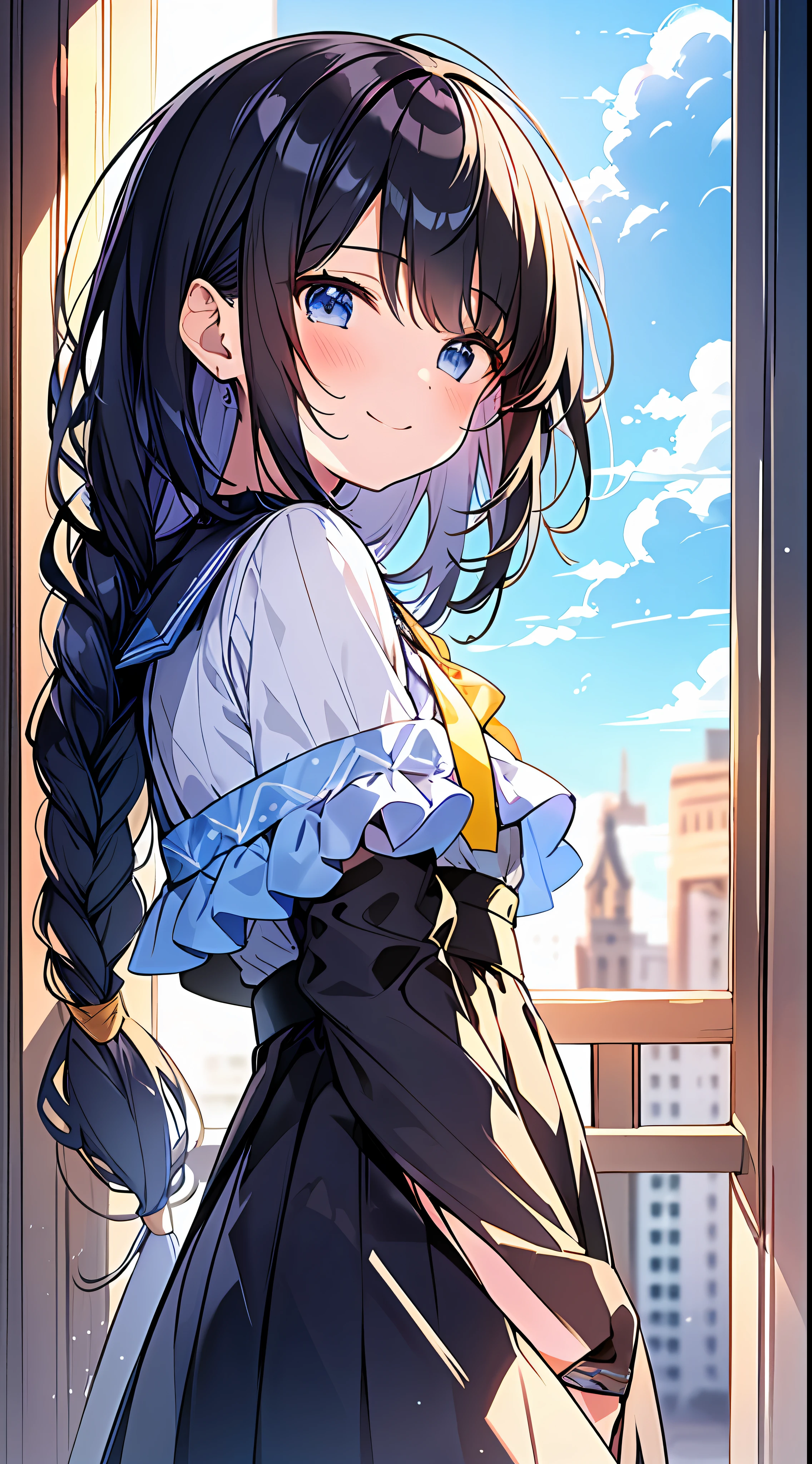 Top quality, masterpiece, high resolution, 8k, small loli in anime style in Luminous blue shirt and skirt, one person, detailed line art, bright white and bright amber style, digital enhancement, anime core, flowing fabric, close-up, hair length to shoulder opening and short braid, beautiful black hair, smile, looking up angle