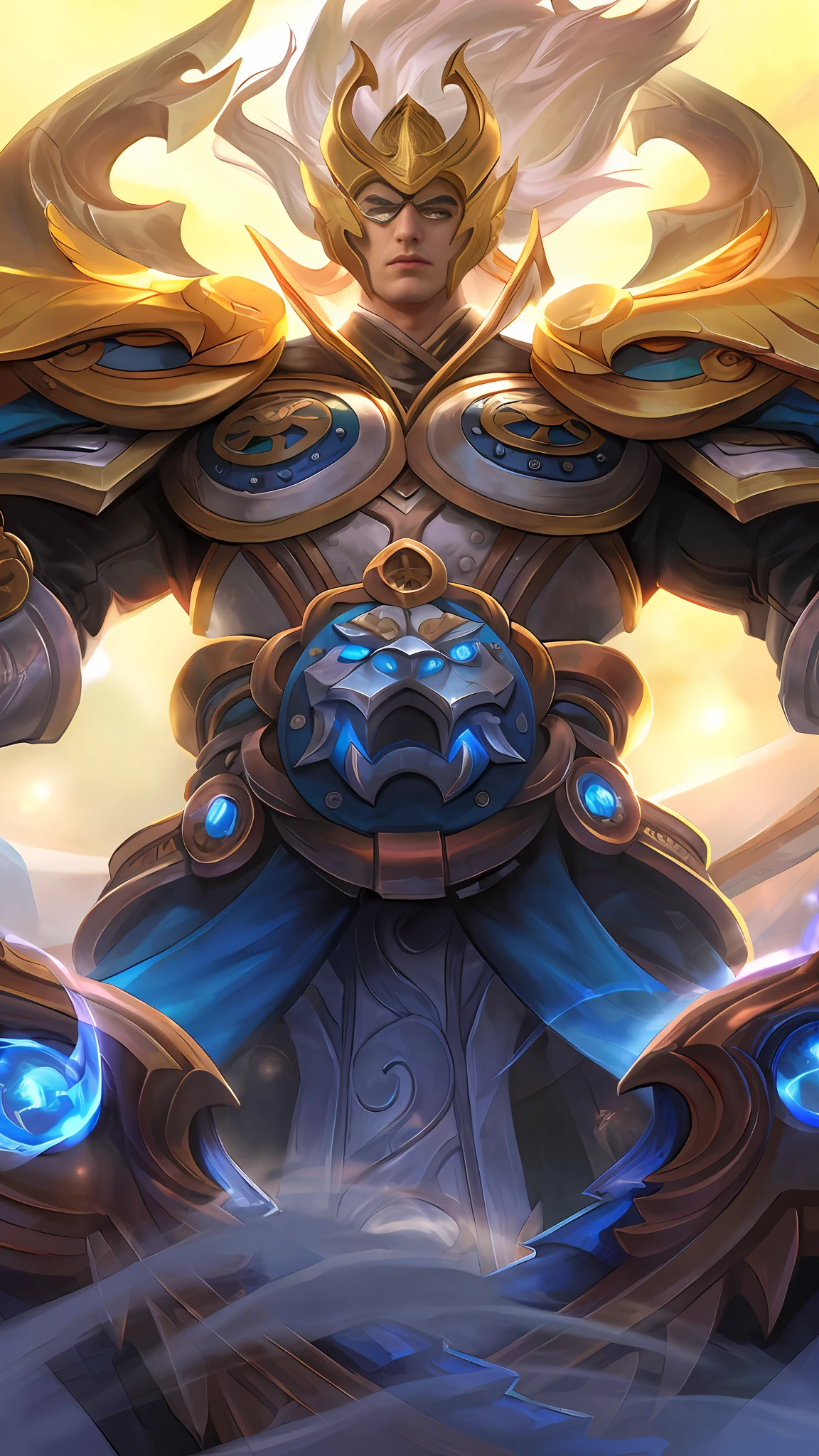 (Absurdres, Intricate Details, Masterpiece, Best Quality, High Resolution, 8k), 1 male, thin, young, aged up, masked, finely detailed eyes and face, auburn low-fade hair, amber eyes, portrait, looking at viewer, solo, half shot, detailed background, (light fantasy theme:1.1), focusing, mercenary, sunshine, floating scraps, color plate armor, divine aura, bright realistic lighting, marble castle, intense atmosphere, circlet, coat of arms, brazier, , Depth of Field, VFX. wear an eyepatch, wear an eyepatch