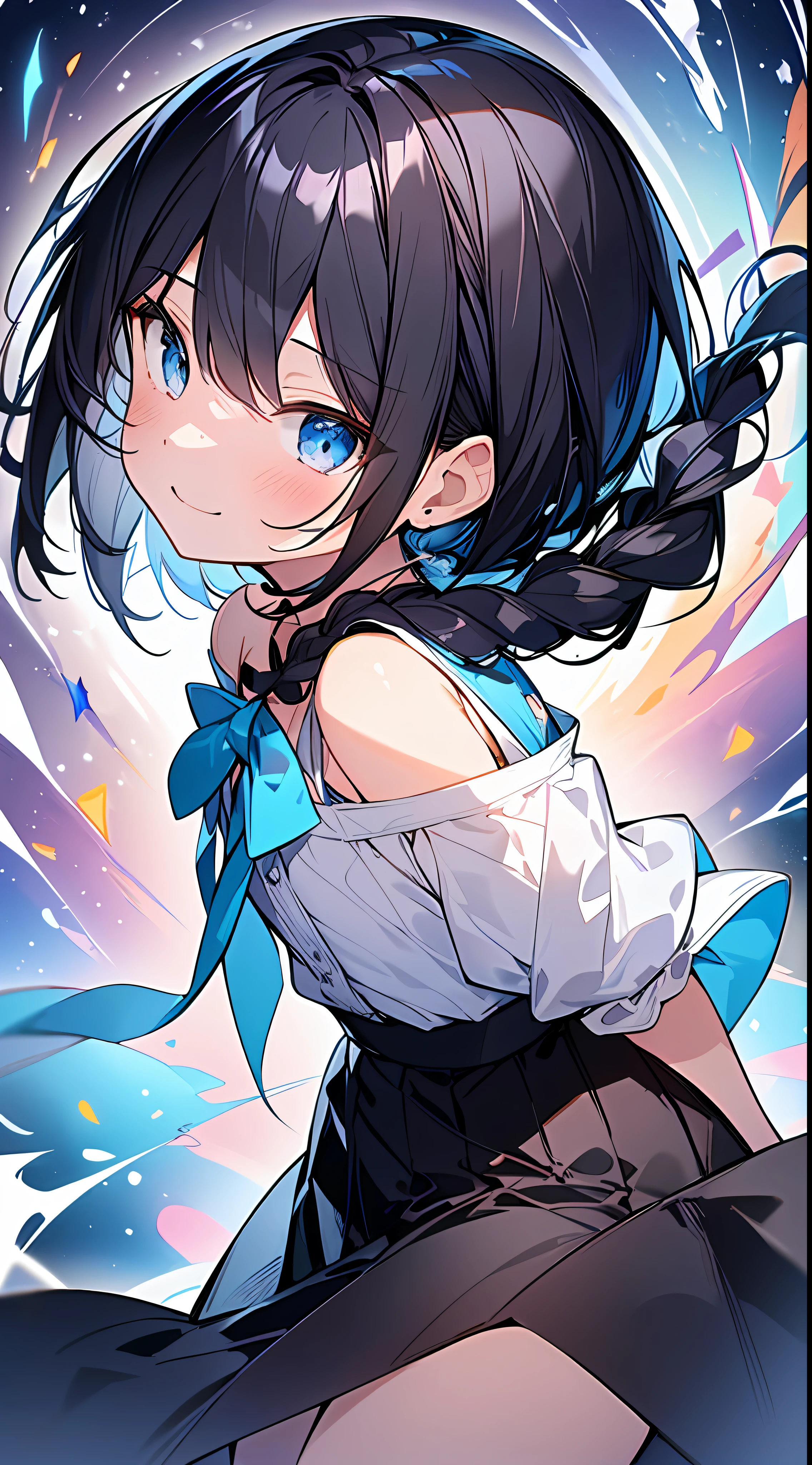Top quality, masterpiece, high resolution, 8k, small li in anime style in Luminous blue shirt and skirt, one person, detailed line art, bright white and bright amber style, digital enhancement, anime core, flowing fabric, close-up, hair length to shoulder opening and short braid, beautiful black hair, smile, looking up angle
