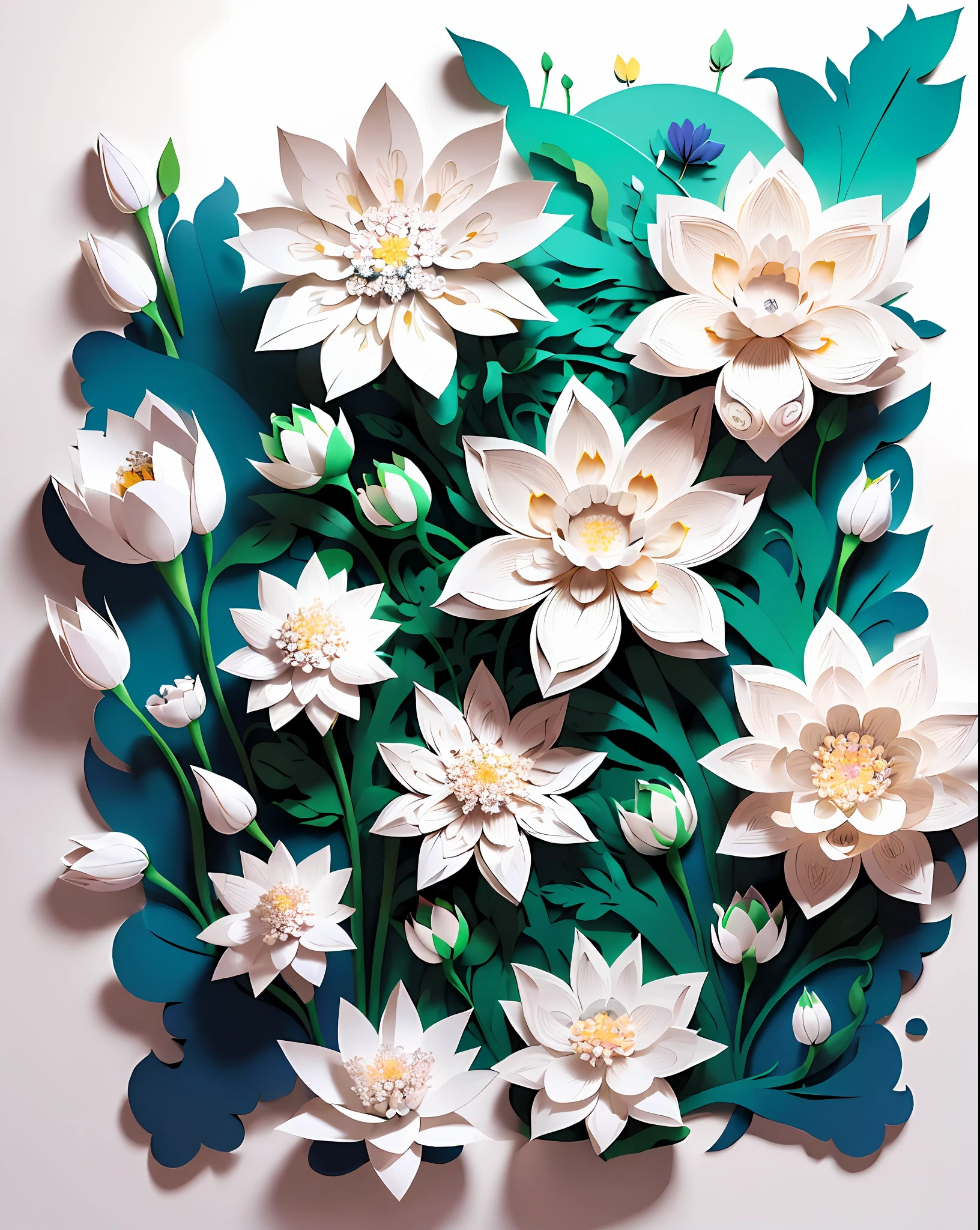(((masterpiece))),best quality, illustration,beautiful detailed glow, flowers,white background, paper_cut,