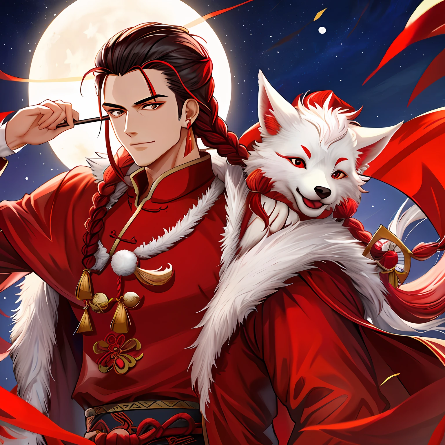 Handsome man in ancient Chinese style, red clothes, white braided hair, fan, dashing, three-dimensional facial features, fox, fur collar, star and moon earrings, exquisite
