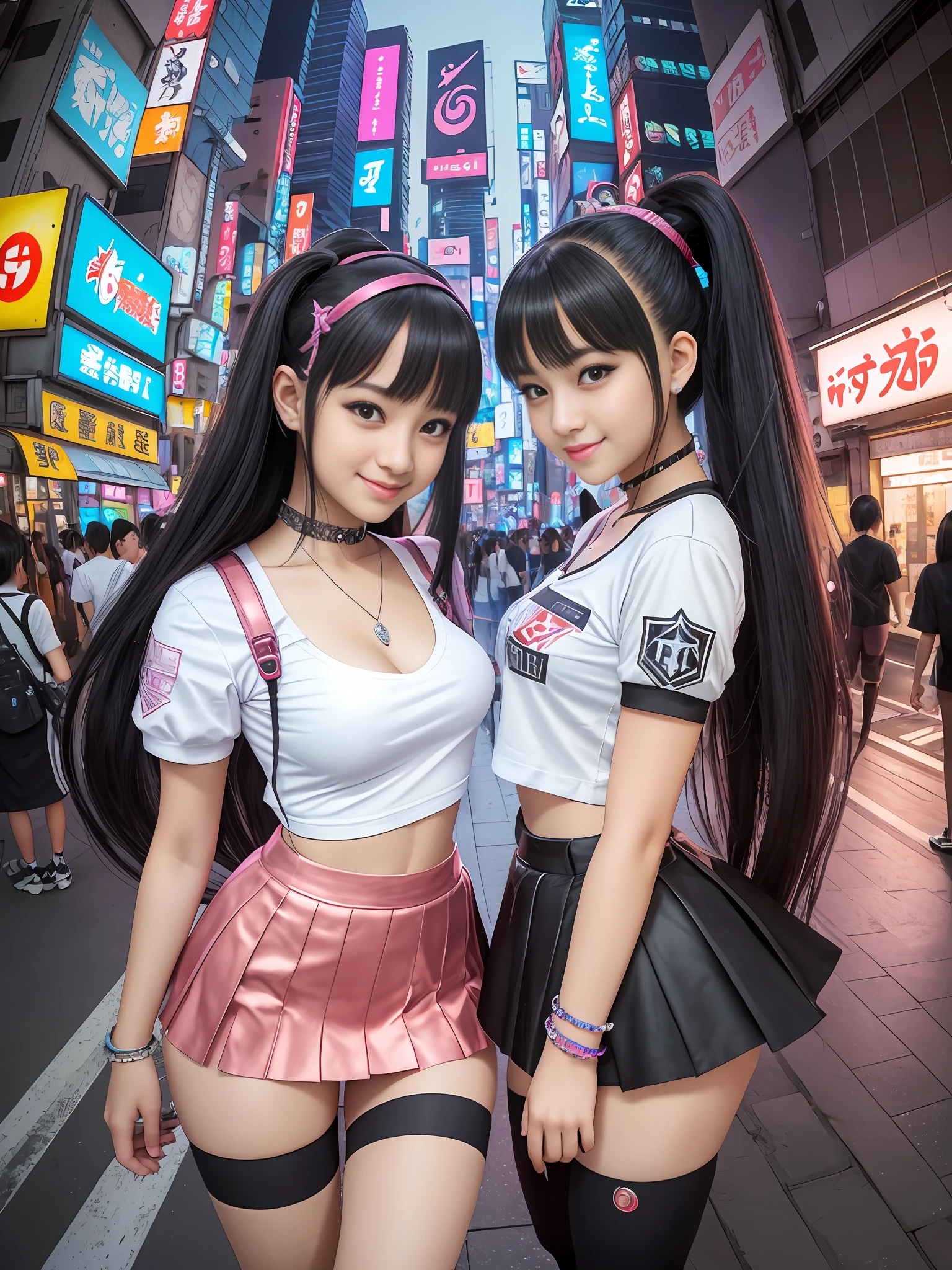 Two beautiful young and sweet princesses of cyberpunk students, 19 years old, women, hot, sexy goddesses, with long flowing black hair, hyper realistic, masterpieces, front, school uniforms, short skirts (highlight on the thighs), short sleeve shirts low-cut, wearing rings and bracelets with jewels, smiling posing together (side by side) taking a selfie ((panoramic angle camera from the top 360º)) on a street in cyberpunk Japan.