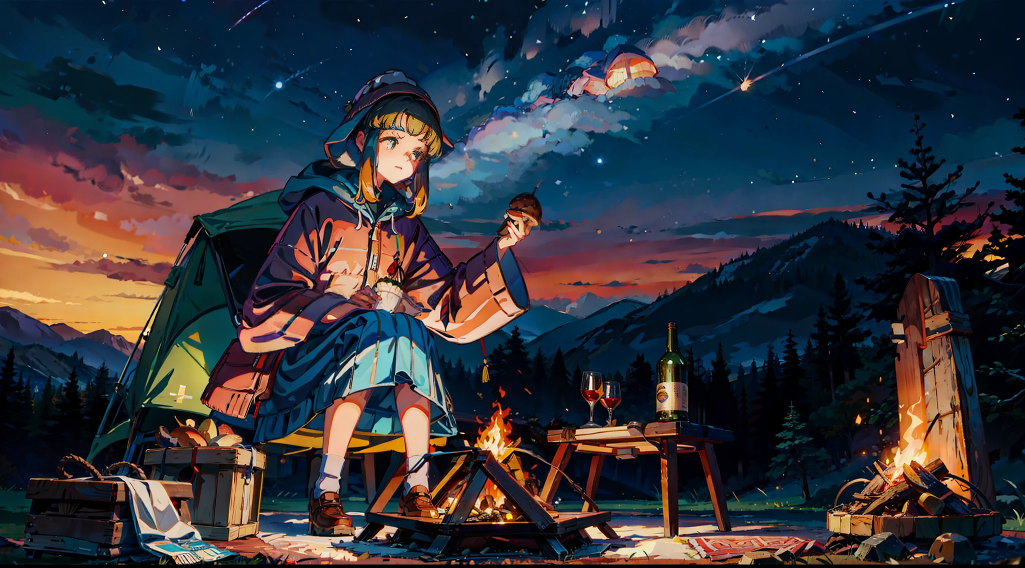 1girl, solo, pov, face focus, picnic, camping in the forest, Camping tent, surrounded by towering trees and peaks, a campfire, eating delicious barbecues, On the carpet are baskets with mushrooms and fruits, (sleeping cat), sunset, (Meteors streak across the sky), --s2