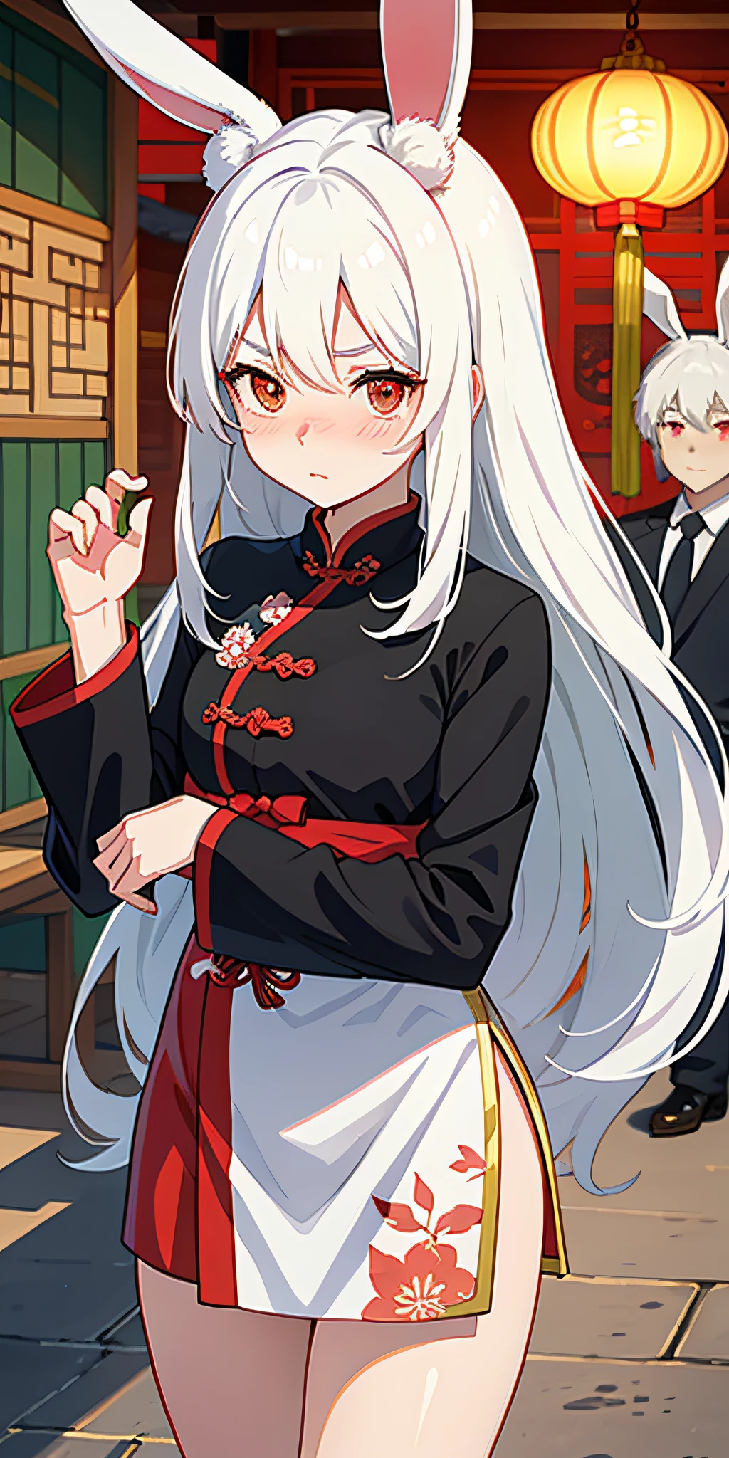 Anime girl with white hair and rabbit ears, red eyes, shy blush, chinoiserie, ancient china
