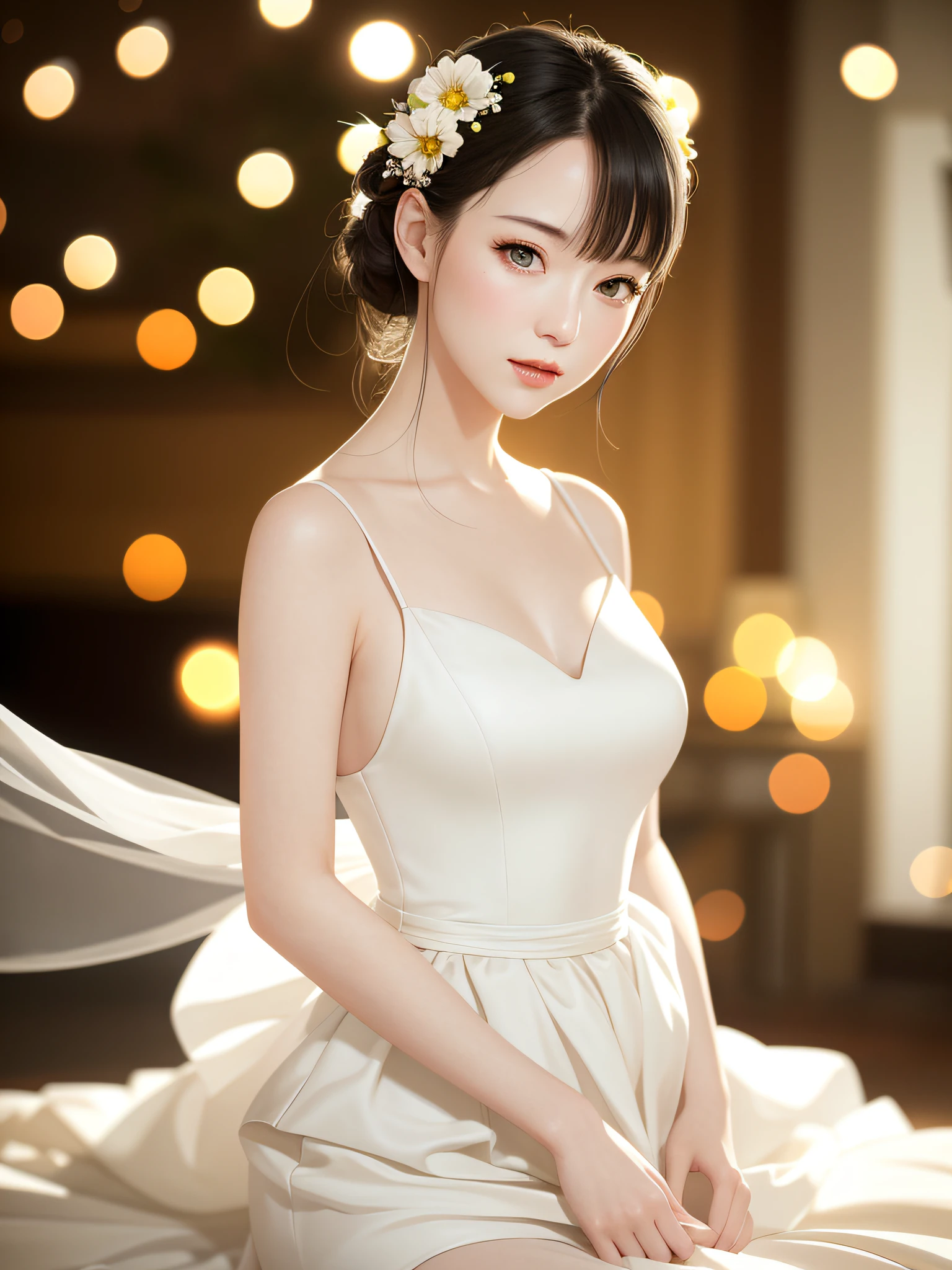 (sweat:0.7),Light yellow wedding dress,white short skirt,woman,japanese,exquisite face, beautiful face,bare shoulders,shoulders slightly exposed,translucent skin,black eyes,black hair,(photorealistic:1.4),realistic details, high resolution,bokeh,outstanding details