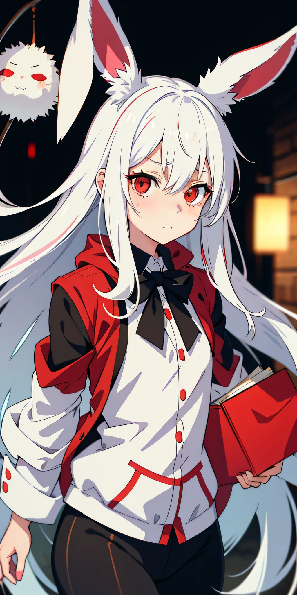 Anime girl with white hair and rabbit ears, red eyes, shy blush, zombie costume