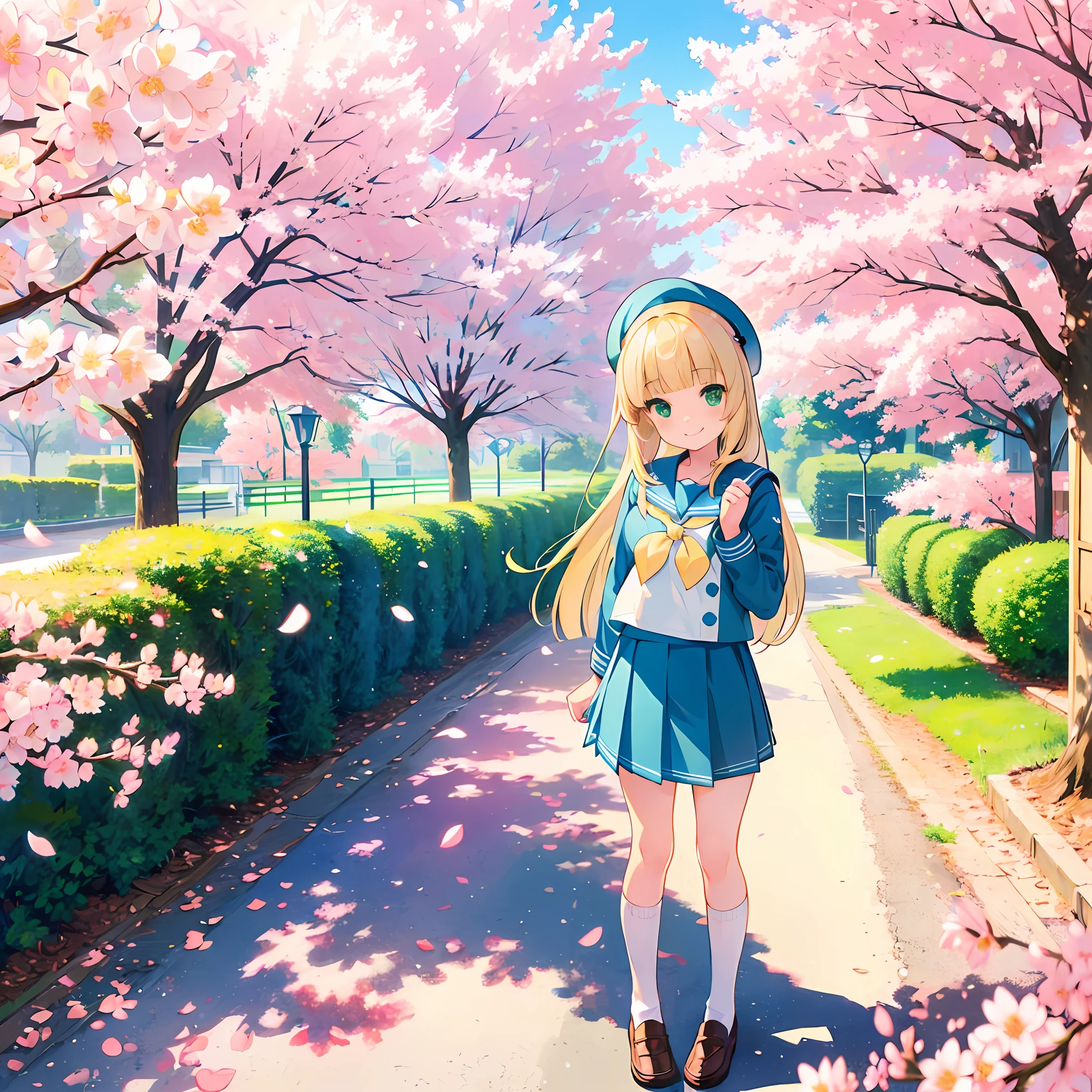 cute *********** standing in front of the school gate,blonde hair,green eyes,long hair,(blunt bangs),(sailor uniform:1.3),loose socks,loafers,full body,smile,kawaii,cowboy shot,concept art,cherry blossom tree,blue sky