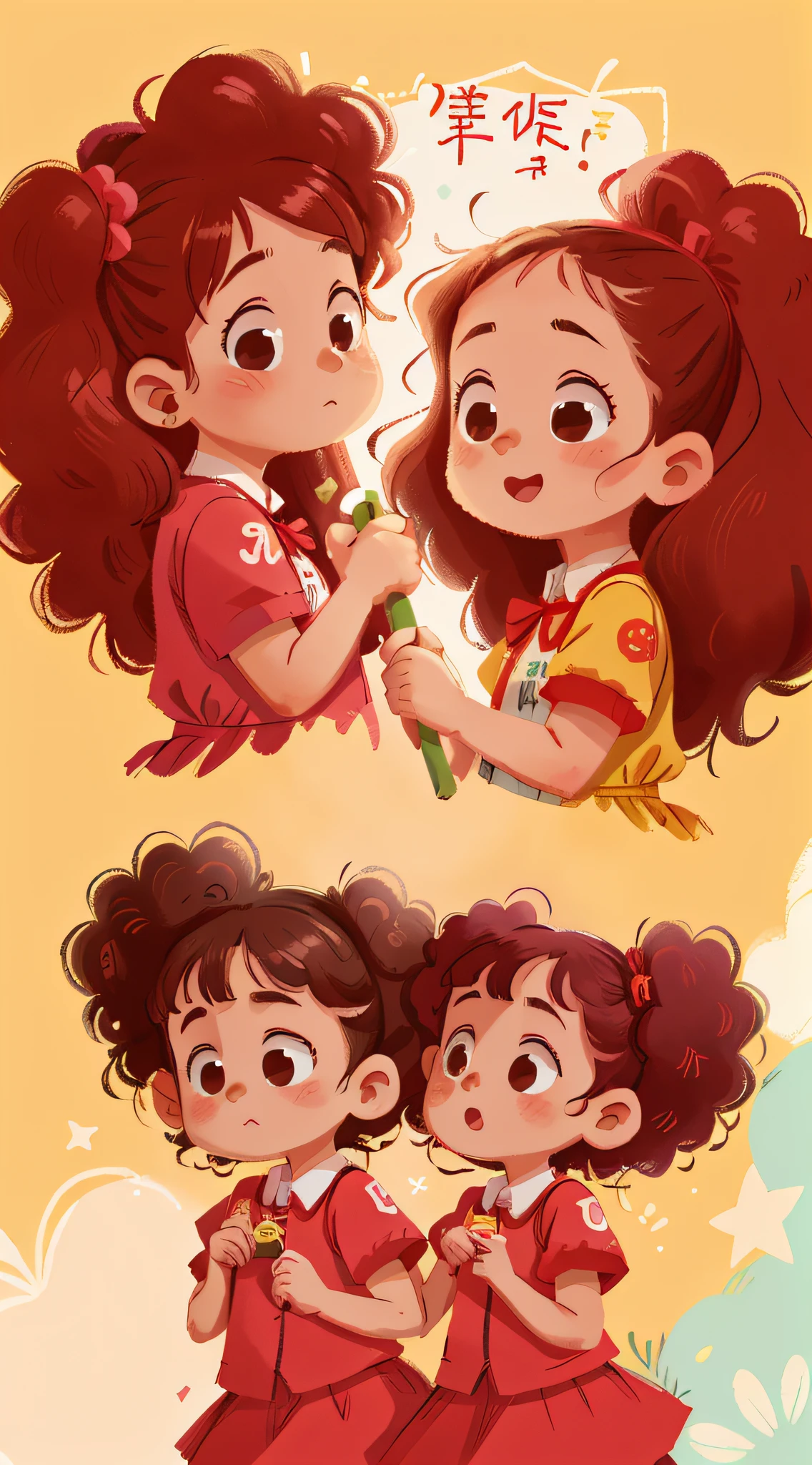 Two girls, twins, curly brown hair, parading