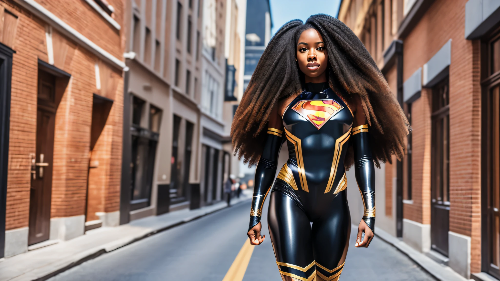 A realistic photo, black woman, tall stature, straight hair, full body, being the superman, she has the beautiful and perfect body, 8k, severe low lighting, high quality, sharp focus, fujifilm XT3 --auto --s2