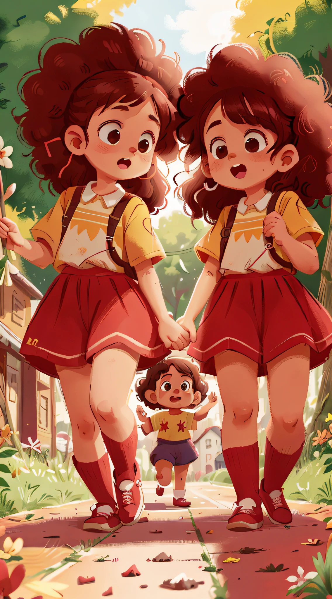 Two girls, twins, curly brown hair, parading
