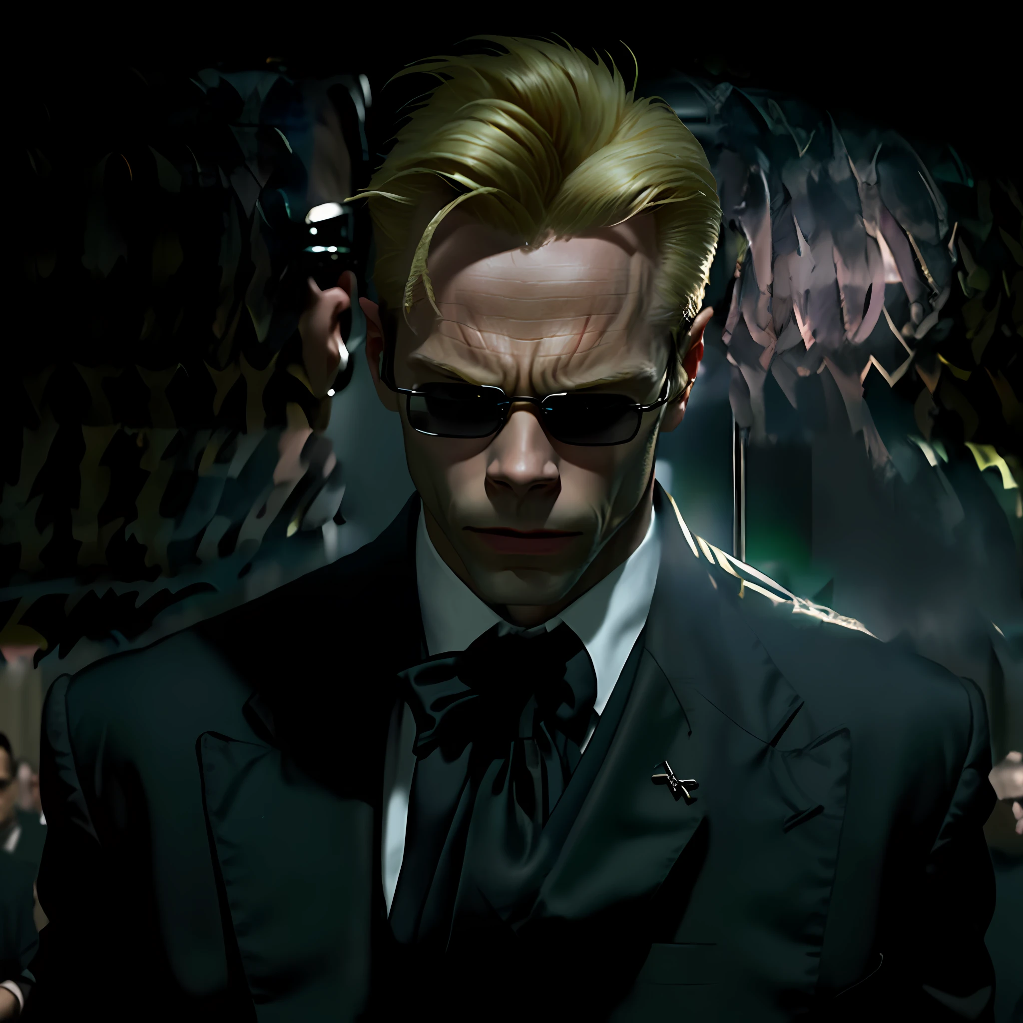 evil looking blond GUY PEARCE face, blond GUY PEARCE in a suit with square sunglasses close up, blond GUY PEARCE in a suit angry, blond GUY PEARCE in a white shirt suit with squared sunglasses, square sunglasses, ((white shirt black tie))