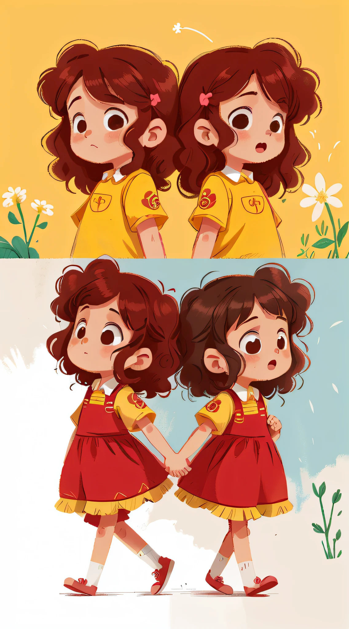 Two girls, twins, curly brown hair, parading