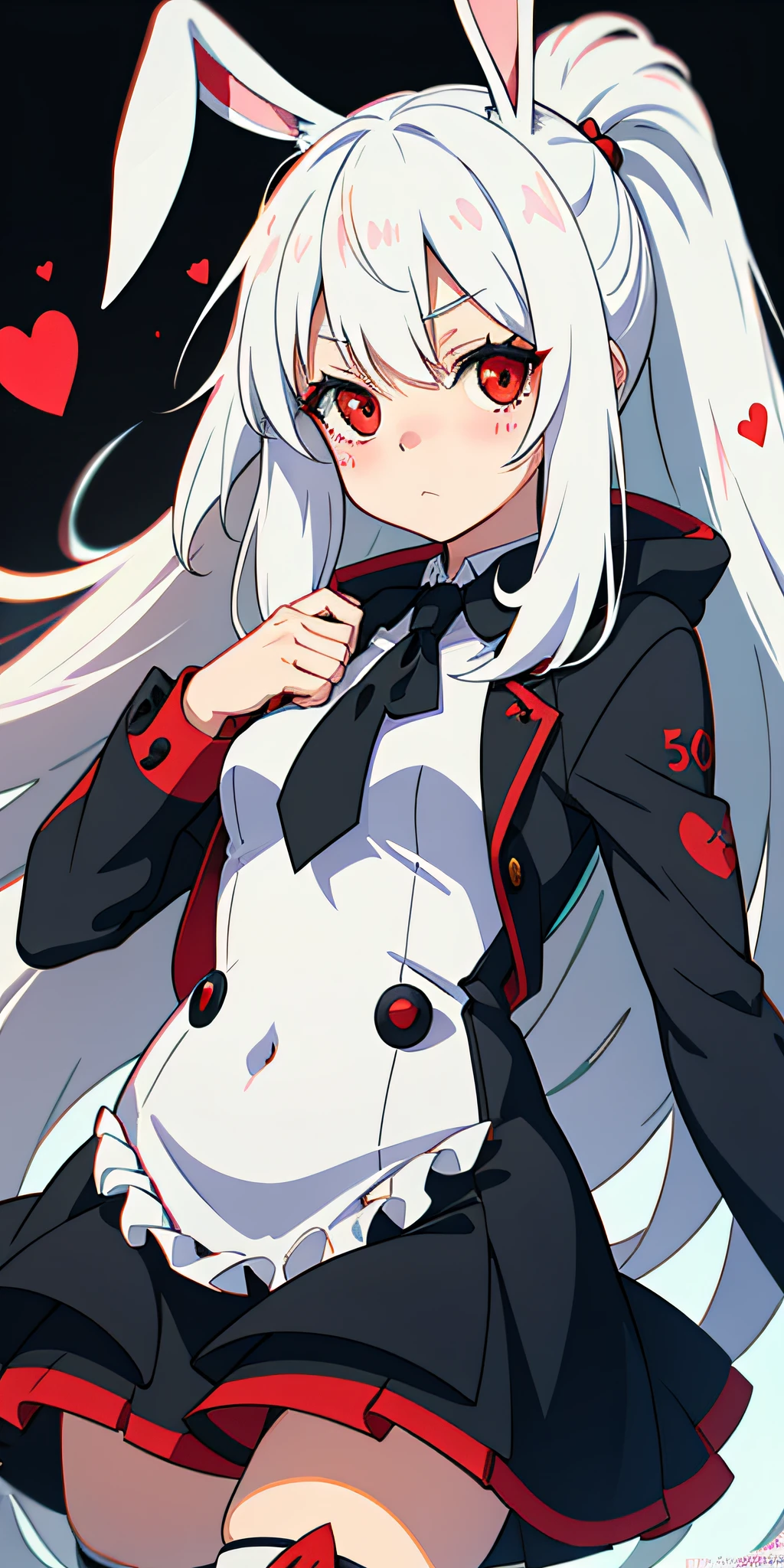Anime girl with white hair and rabbit ears, red eyes, shy blush, zombie costume
