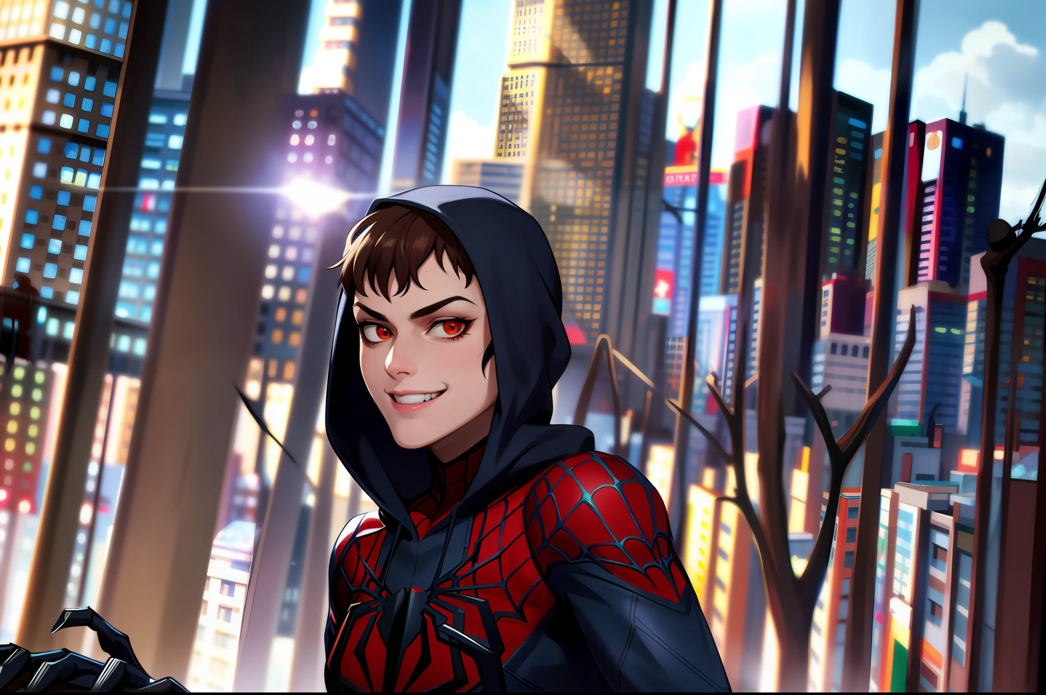 spider suit, spider web print, spider web, spider-man
Masterpiece, absurdres, fine detail, HDR, ((highly detailed face and eyes)), photorealistic,
focus on eyes,
standing on the roof of a skyscrapper, ((unmasked)), looking at viewer, smiling,  short brown hair, 
new york buildings background,