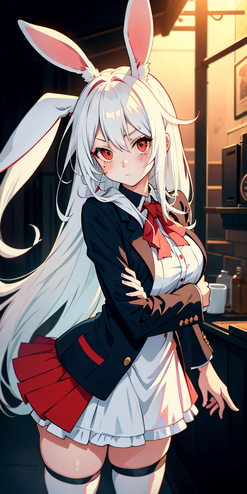 Anime girl with white hair and rabbit ears, red eyes, shy blush, zombie costume