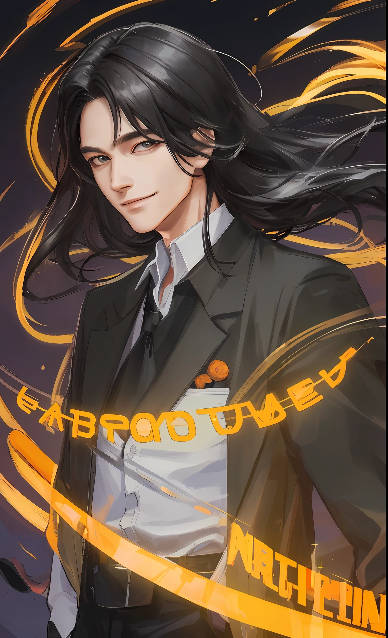 Masterpiece, Best Quality, Realistic, 1 man, male focus, tall, cute, smile, closed mouth, shirt and black pants, portrait, extremely detailed face, autumn Halloween season, Korean face, idol face, long black hair, cinematic lightning, background with dramatic light, October, moon, night time