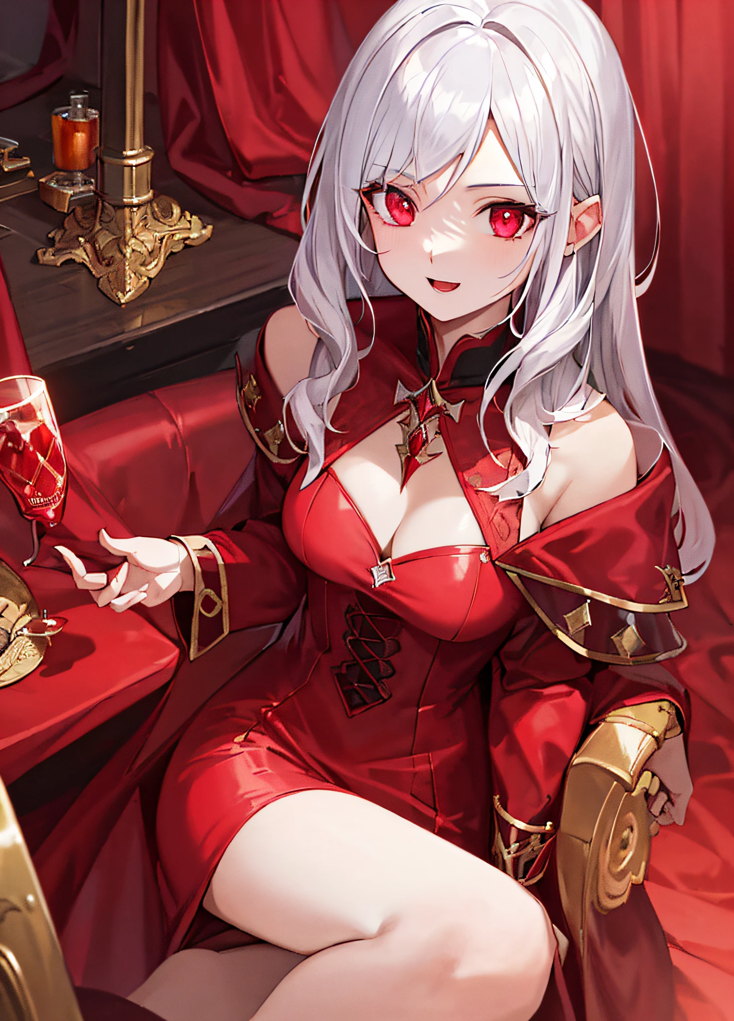 vampire, red alchemy potions,  red alchemy potion, potion bottle, glowing red potion, masterpiece, best quality, ultra-detailed, illustration, ultra-detailed face, best quality face, evil, 30 years old, adult, 1girl, 30 years old,  no human, white hair, alchemy outfit, intricate detailed outfit