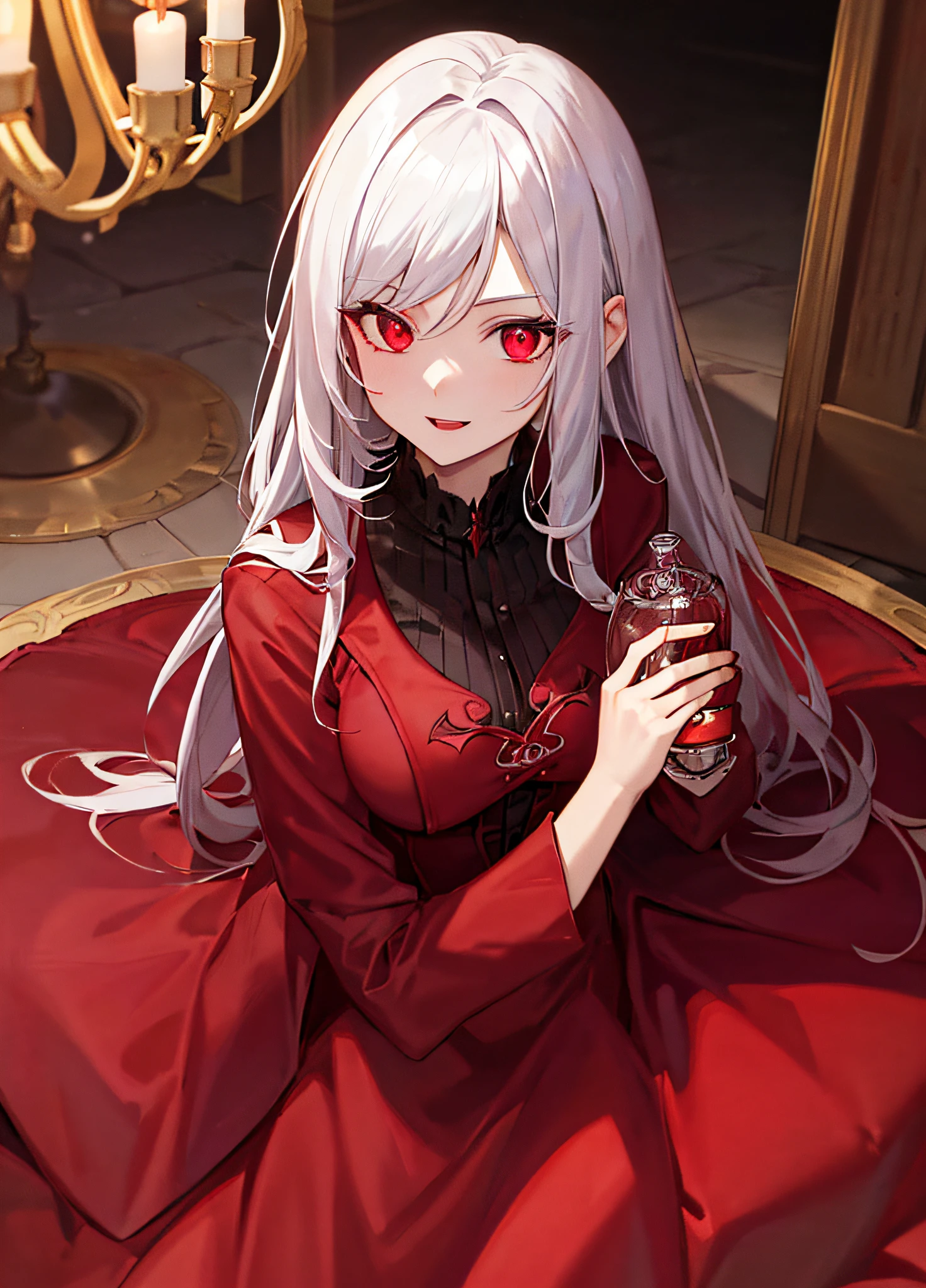 vampire, red alchemy potions, red alchemy potion, potion bottle, glowing red potion, masterpiece, best quality, ultra-detailed, illustration, ultra-detailed face, best quality face, evil, 30 years old, adult, 1girl, 30 years old, no human, white hair, alchemy outfit, intricate detailed outfit