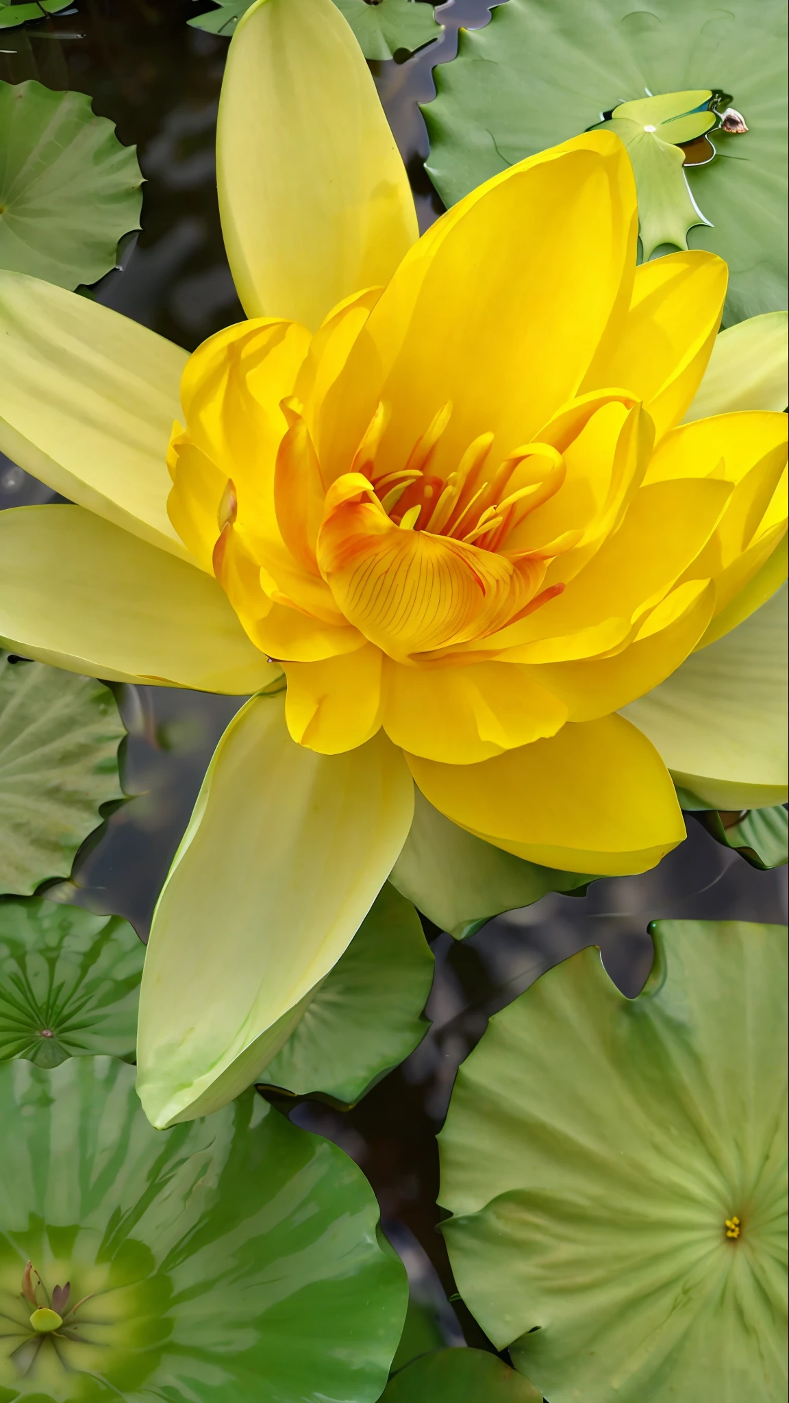 yellow flower with green leaves floating in a pond of water, lotus, lily pad, closeup shot, close - up view, close-up view, middle close up shot, water lilies, nymphaea, closeup - view, close up view, close-up shot, close - up shot, breathtaking detail, closeup portrait shot, closeup 4k, lily