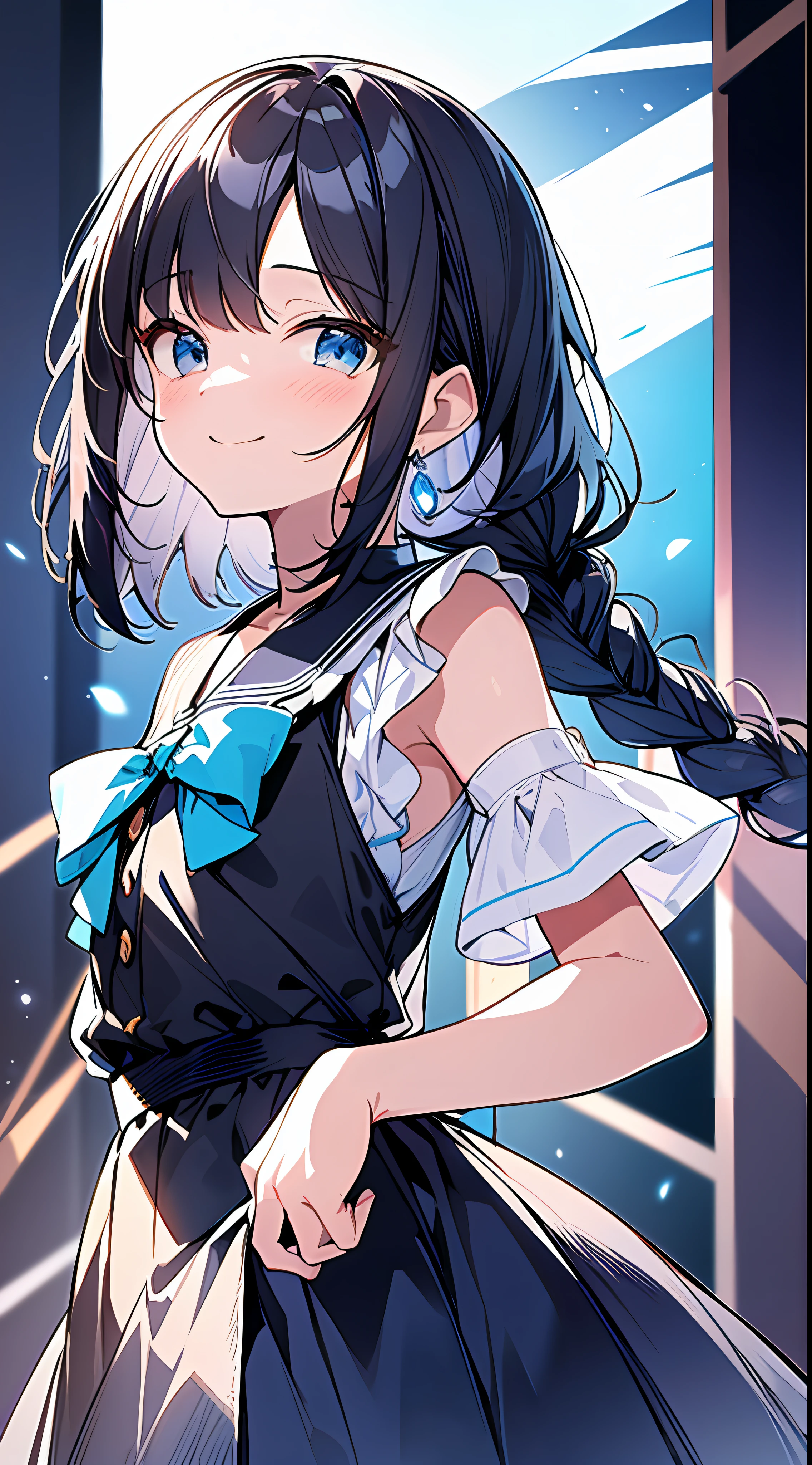 Top quality, masterpiece, high resolution, 8k, small li in anime style in Luminous blue shirt and skirt, one person, detailed line art, bright white and bright amber style, digital enhancement, anime core, flowing fabric, close-up, hair length to shoulder opening and short braid, beautiful black hair, smile, looking up angle