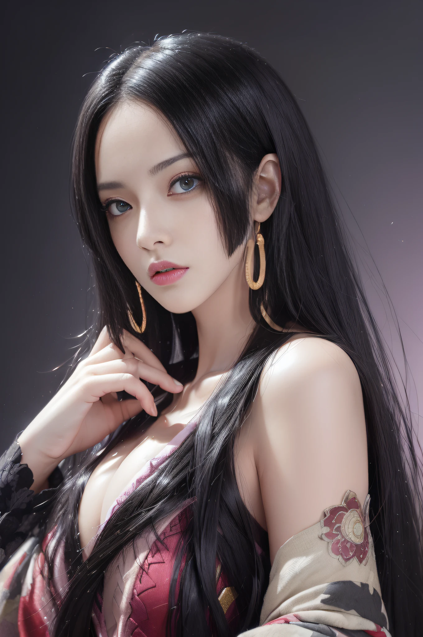 (((masterpiece+best quality+high resolution+ultra-detailed))), boa hancock, long silky black hair, high nose, sharp eyes, noble and inviolable temperament, (([female]: 1.2 + [beauty]: 1.2 + black long hair: 1.2)), dark and deep background, bright eyes, dynamic angle and posture.