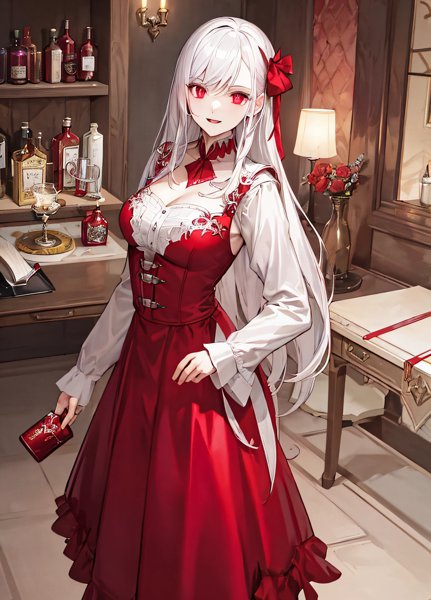 vampire, red alchemy potions, red alchemy potion, potion bottle, glowing red potion, masterpiece, best quality, ultra-detailed, illustration, ultra-detailed face, best quality face, evil, 30 years old, adult, 1girl, 30 years old, no human, white hair, alchemy outfit, intricate detailed outfit