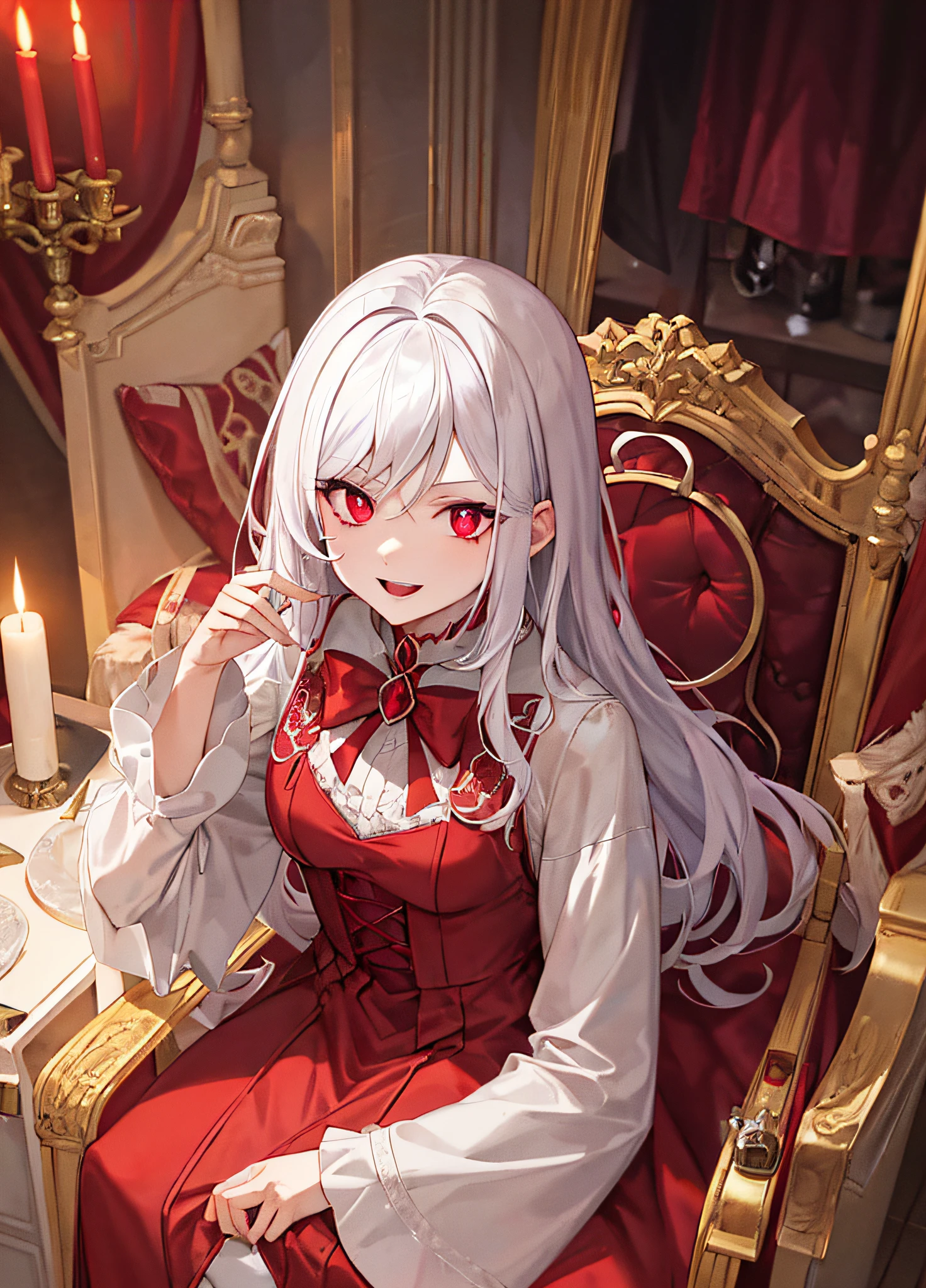 vampire, red alchemy potions, red alchemy potion, potion bottle, glowing red potion, masterpiece, best quality, ultra-detailed, illustration, ultra-detailed face, best quality face, evil, 30 years old, adult, 1girl, 30 years old, no human, white hair, alchemy outfit, intricate detailed outfit