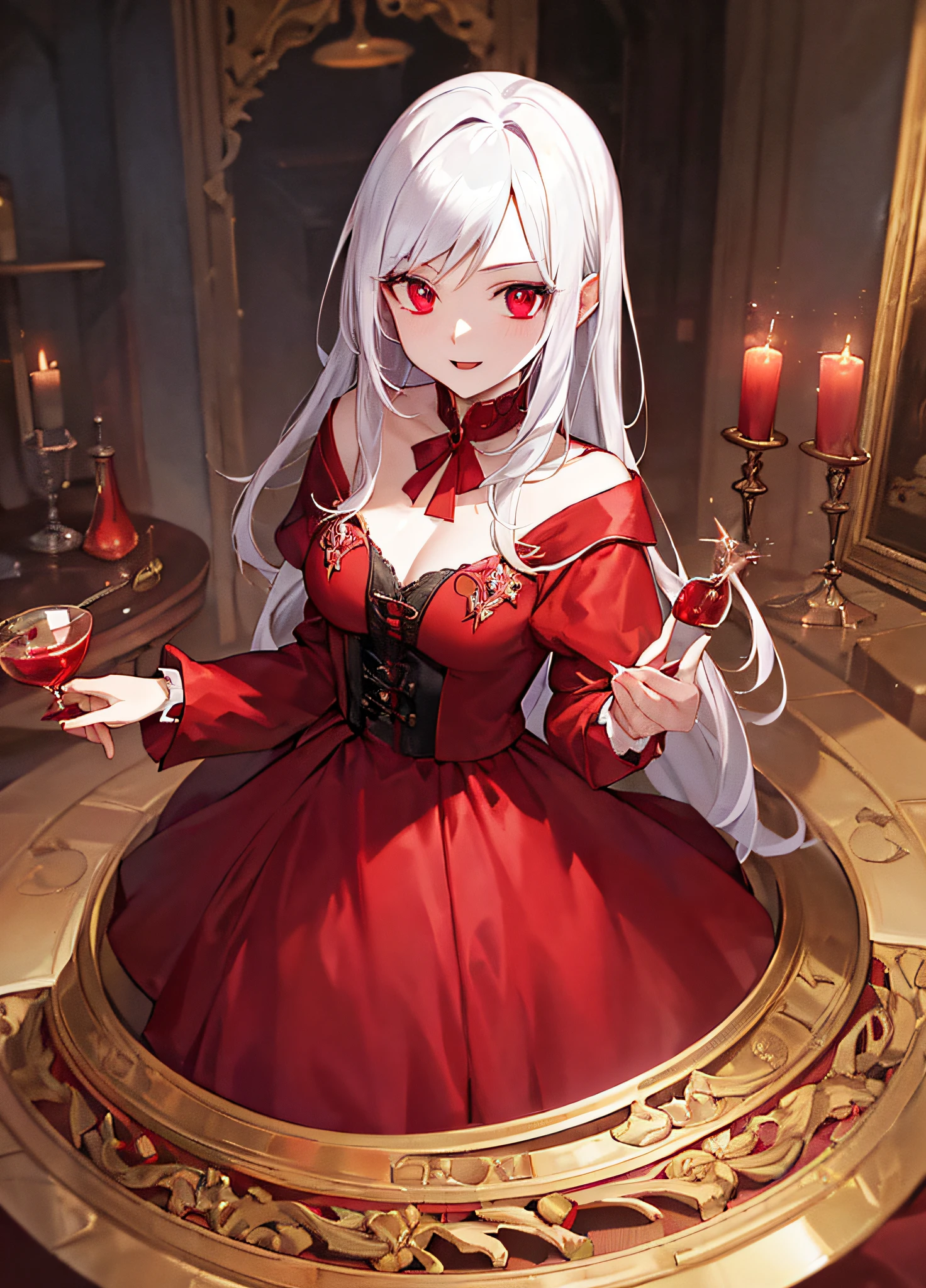 vampire, red alchemy potions, red alchemy potion, potion bottle, glowing red potion, masterpiece, best quality, ultra-detailed, illustration, ultra-detailed face, best quality face, evil, 30 years old, adult, 1girl, 30 years old, no human, white hair, alchemy outfit, intricate detailed outfit