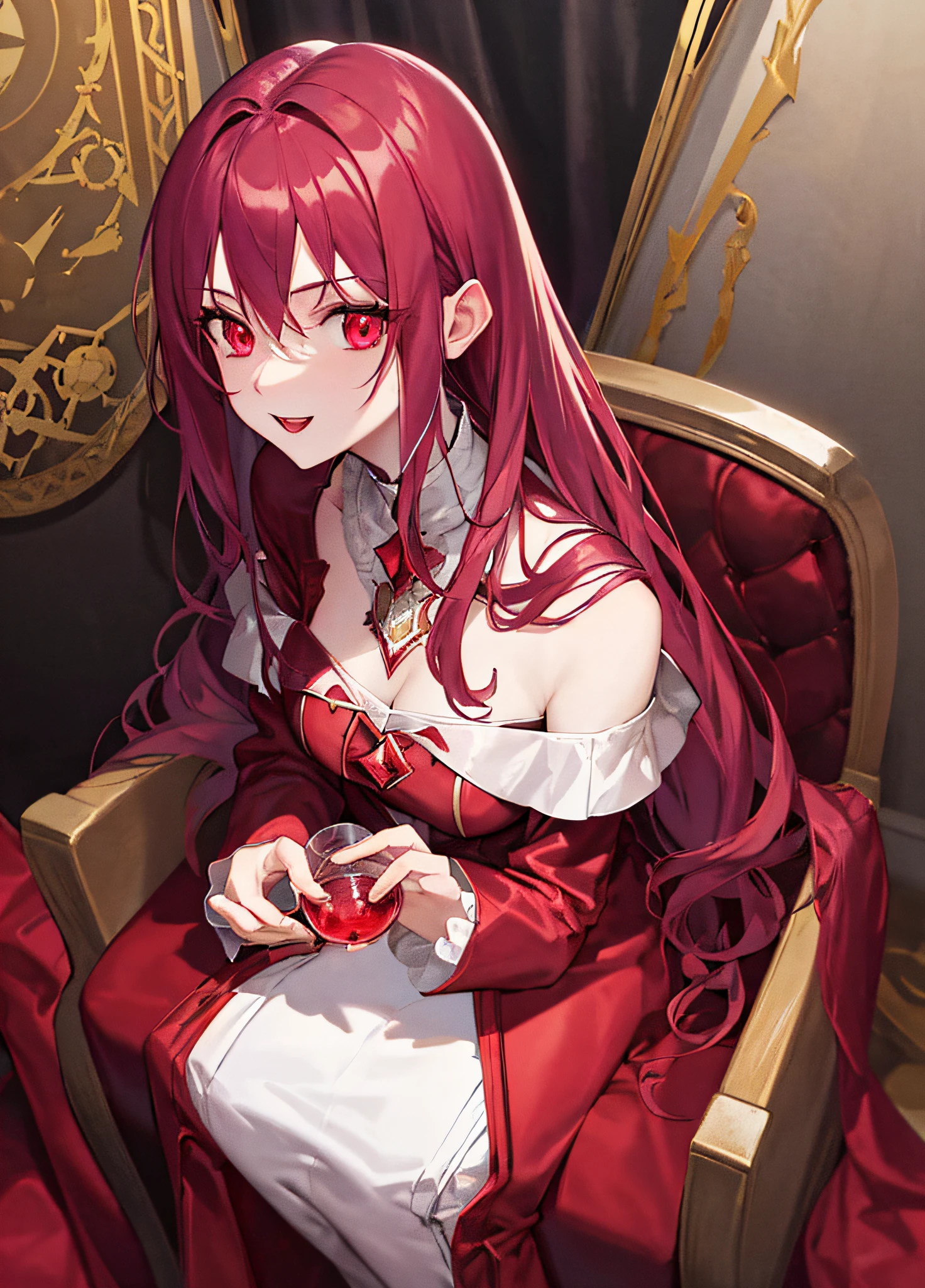 vampire, red alchemy potions,  red alchemy potion, potion bottle, glowing red potion, masterpiece, best quality, ultra-detailed, illustration, ultra-detailed face, best quality face, evil, 30 years old, adult, 1girl, 30 years old,  no human, white hair, alchemy outfit, intricate detailed outfit