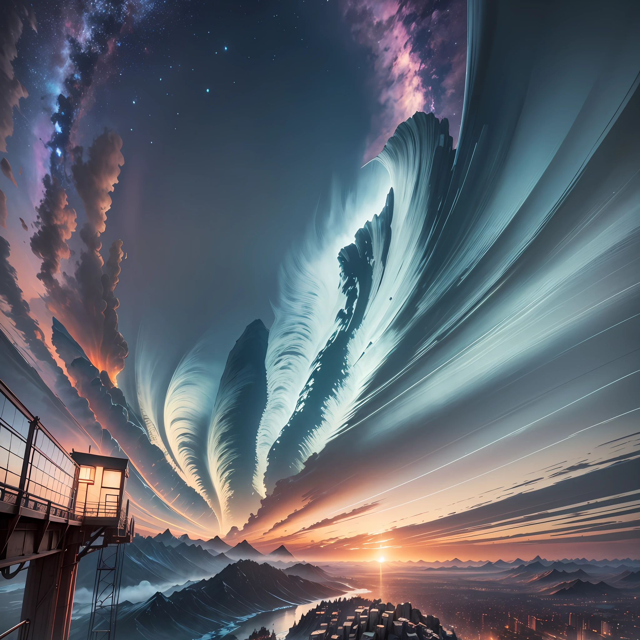 A stunning view of the mountains from the perspective of a giant, colourful, 8K, ultra realistic, highly detailed, octane render, unreal engine, symmetrical, insane lighting, studio photo, amazing view, unreal 5, isometric, digital art, smog, pollution, toxic waste, chimneys and railroads, 3 d render, octane render, volumetrics, by greg rutkowski --auto --s2