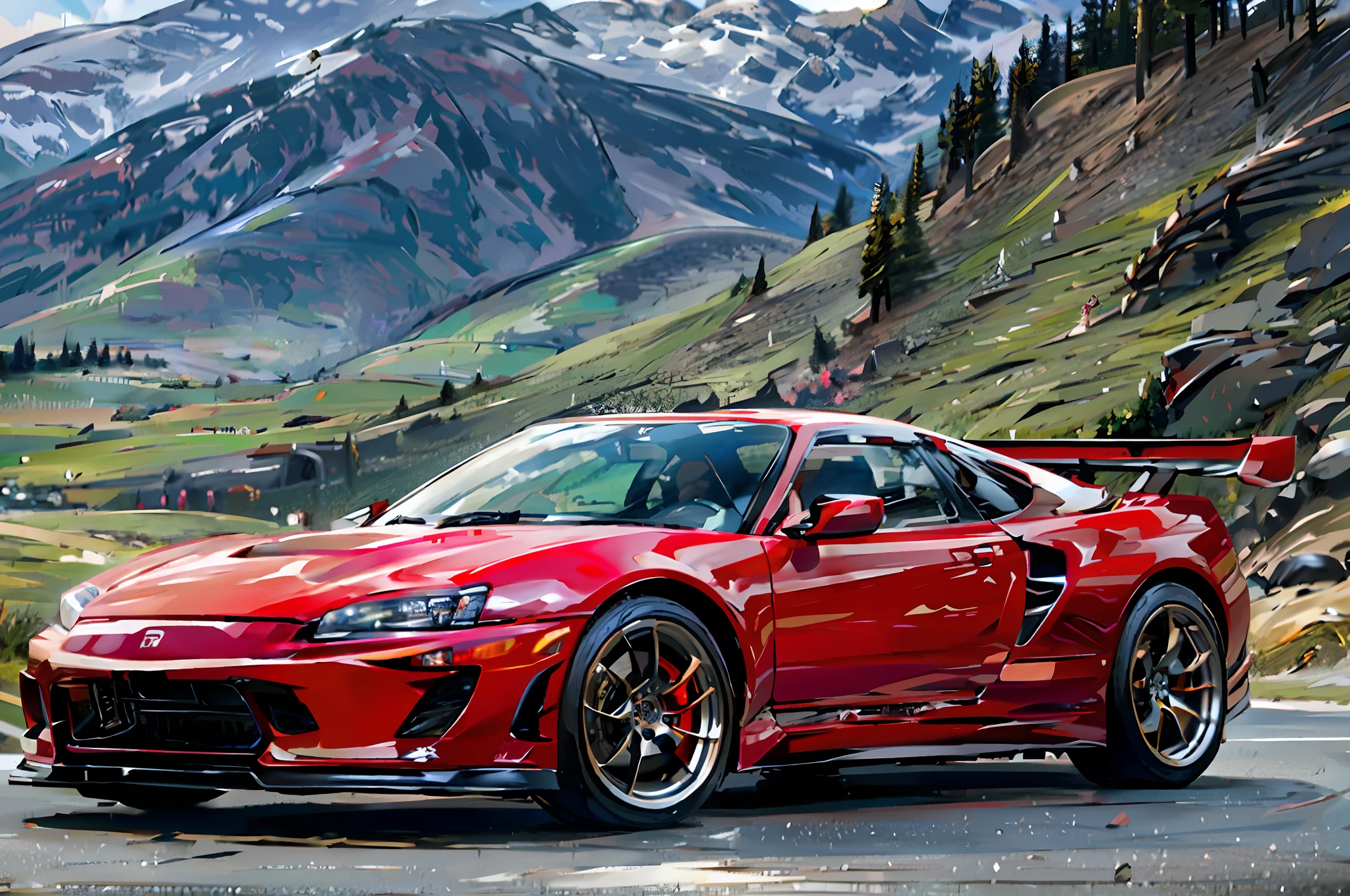 arafed red sports car driving on a road in front of mountains, full view of a sport car, honda nsx, with sleek lines and a powerful, sports car, a red bearded guy driving a gt3s, de tomaso, sportcar, gtr xu1, artistic render, supercar, render of futuristic supercar, sportscar, lotus