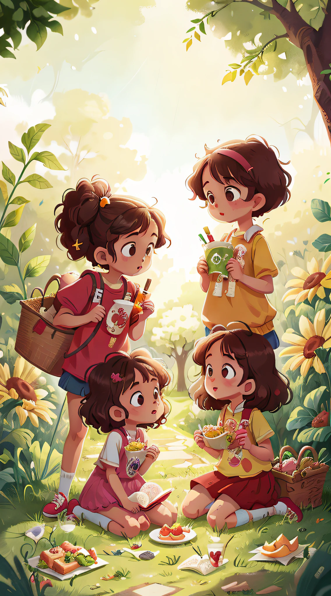 Two girls, twins, curly brown hair, picnic in the park