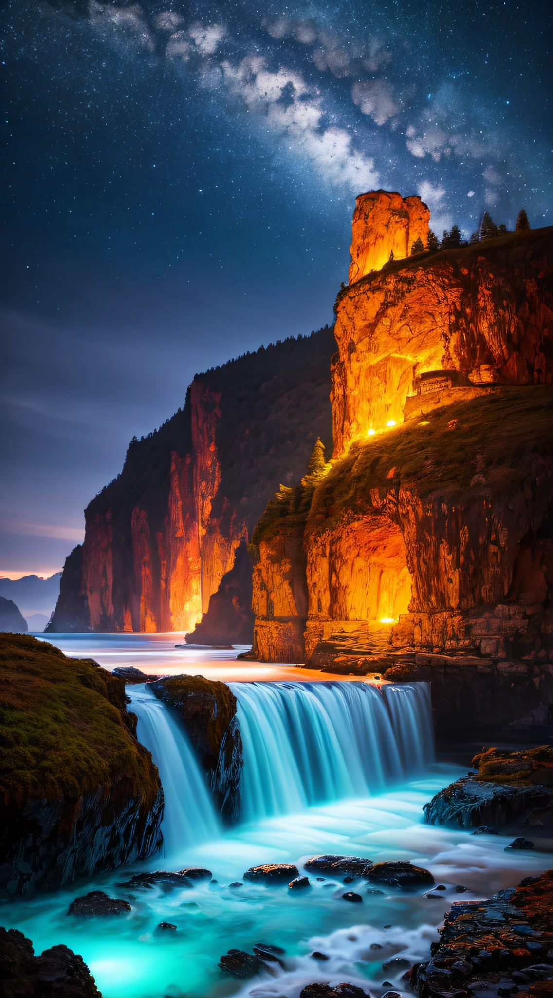 best quality, masterpiece, beautiful wild and natural fantasy landscape with glowing lights