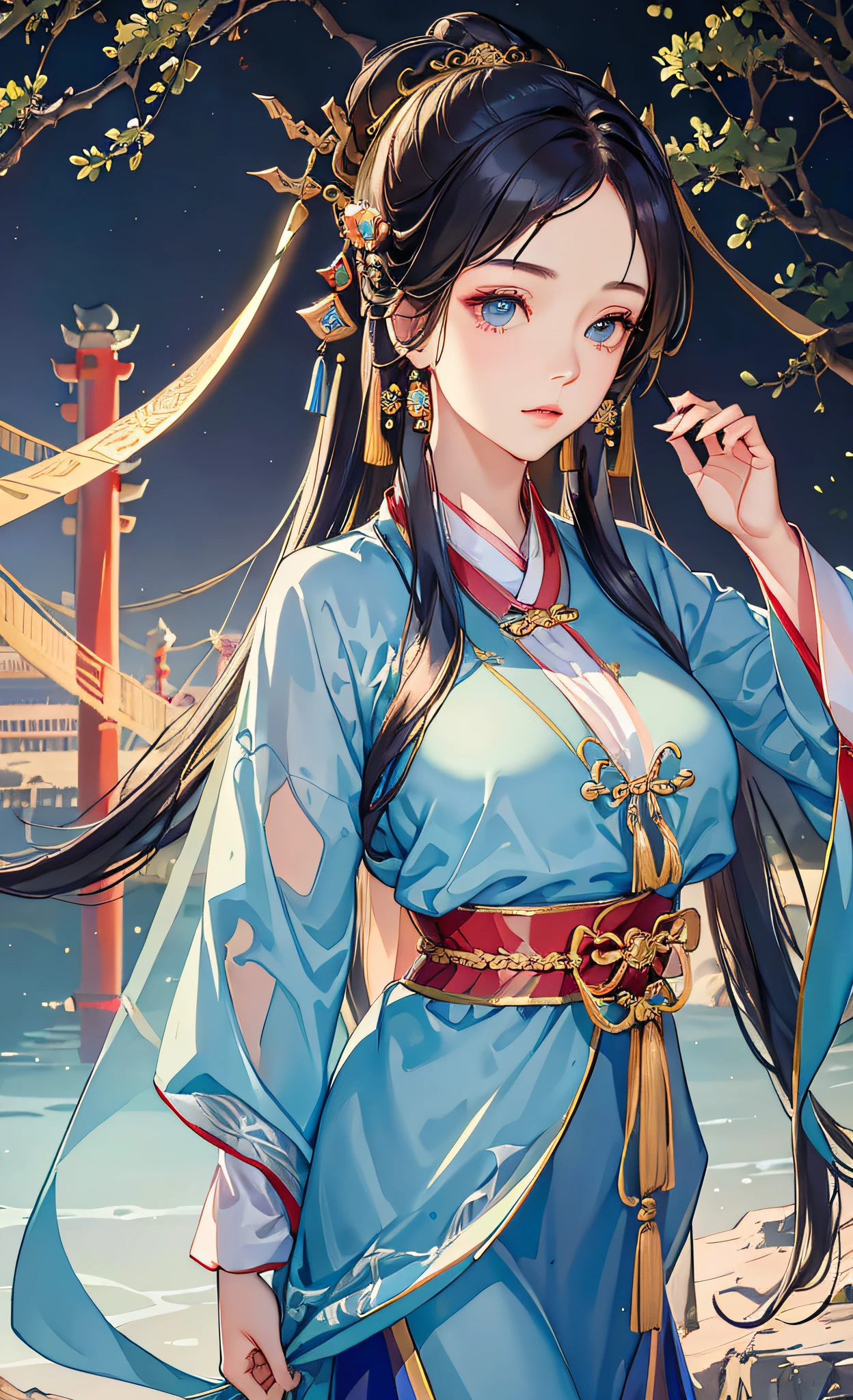 upper body,masterpiece, best quality,(photorealistic:1.4), highres, long hair, jewelry hairpin, large breast, riverside and rock or temple or bridge,
hanstyle, han clothing, hanfu, see-through,