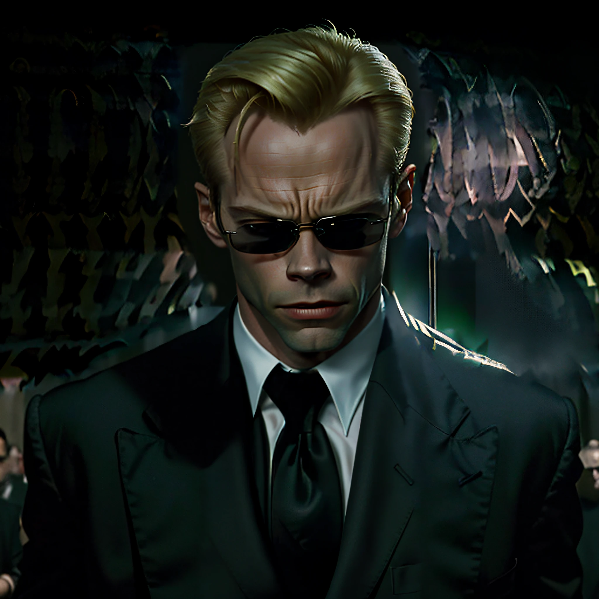 evil looking blond GUY PEARCE face, blond GUY PEARCE in a suit with square sunglasses close up, blond GUY PEARCE in a suit angry looking down, blond GUY PEARCE in a white shirt suit with squared sunglasses, square sunglasses, ((white shirt black tie)), (((looking down)))