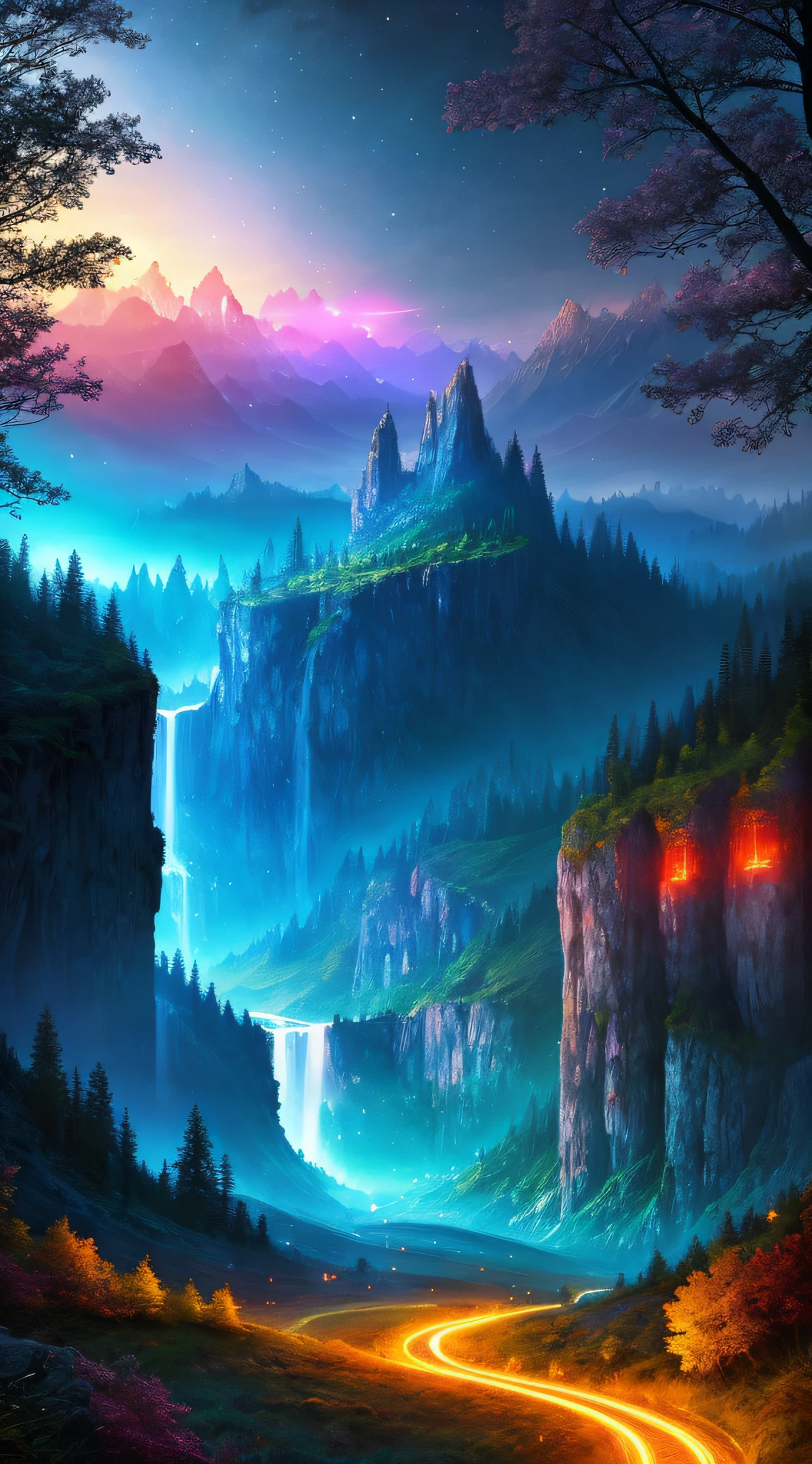 best quality, masterpiece, beautiful wild and natural fantasy landscape with glowing lights