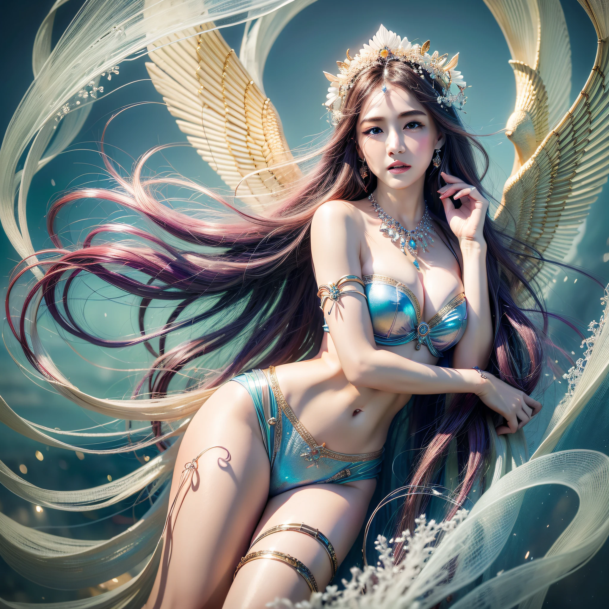 Imagine the goddess of the wind in the sky, radiating beauty and elegance. Imagine her with iridescent wings, floating in the sky, surrounded by swirling clouds and delicate currents of wind. Photorealistic, Masterpiece, Top Quality, Super Detail, HDR, 8K