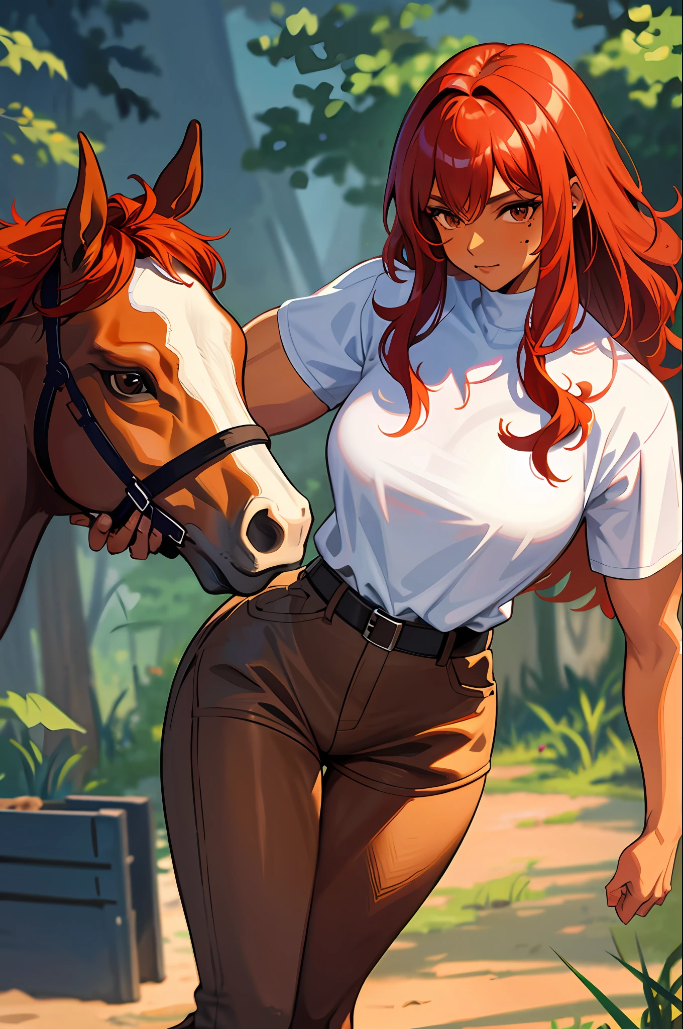 Draw a large human who is average height and muscular, with short, frizzy red hair, brown eyes, a dark skin tone, and a mole. They love horseback riding.