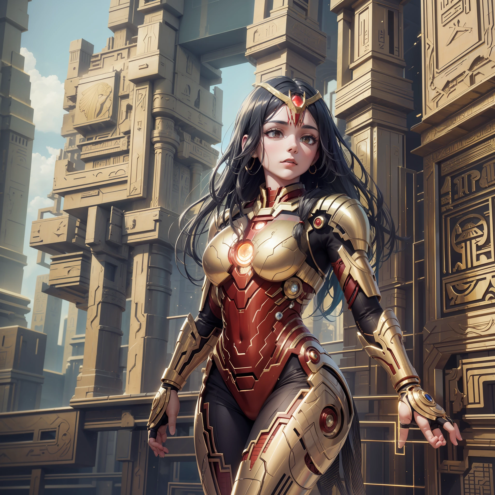an Egyptian-style irom-woman, with a golden and red iron man armor, pharaoh style, masterpiece, ung, render based on physics, ultra highres, narrow waist, thin, incredibly fluid smoke, detailed intricate, light particles, muted color, wet floor reflections, translucent, complex, symmetrical, sharp focus, perfect, model, close-up, textured, looking at the camera, In the background, Futuristic landscapes of Egypt echo its modern and dynamic essence, while reflections of light and shadows enhance every meticulously crafted detail.