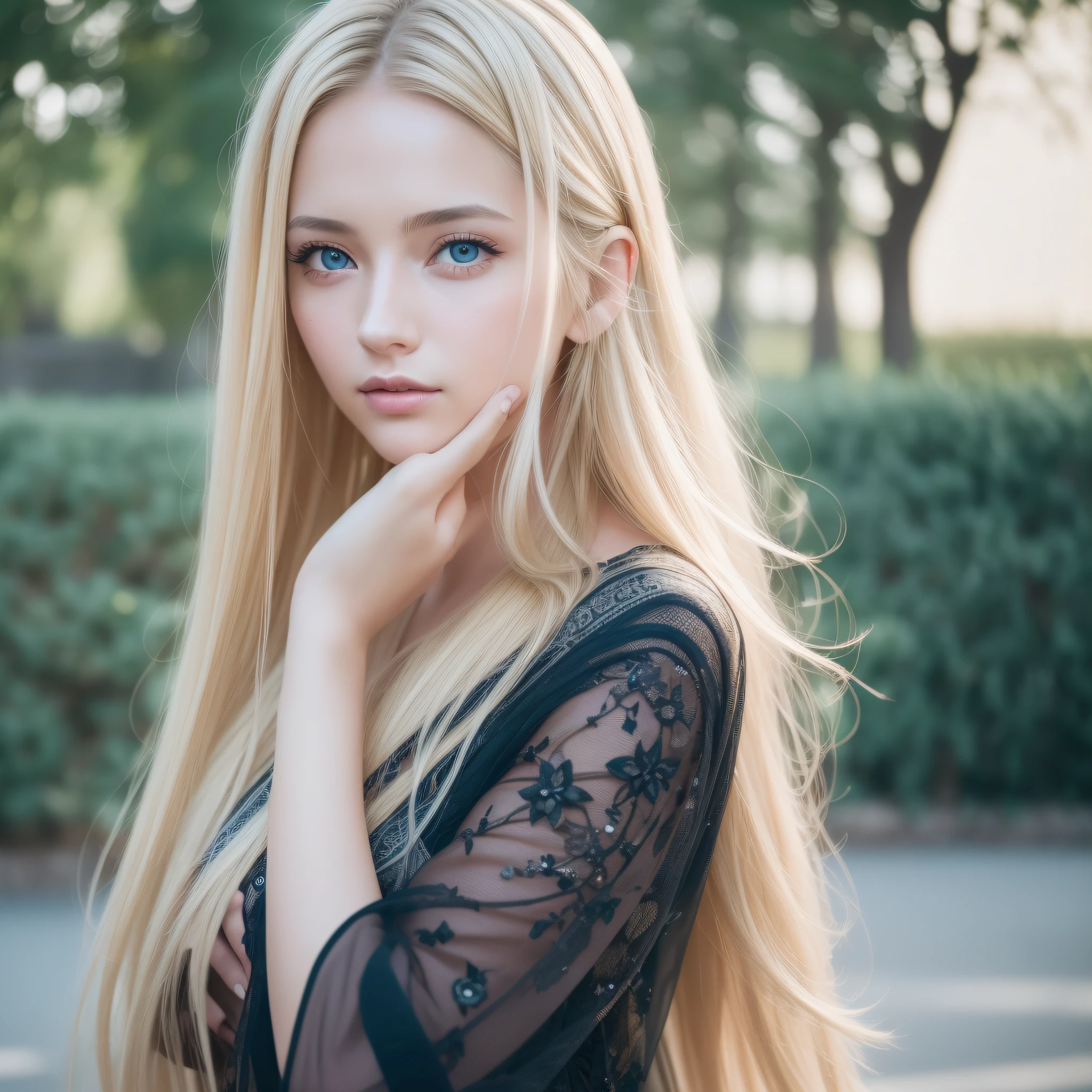 At night, RAW photo, (((extremely beautiful portrait))), ((glistening skin)), 1girl, 23 years old girl from Prague, ((natural blonde hair)), [blue eyes], long hair, eyeliner, fluttering hair, vibrance, ((masterpiece, best quality, hyper detailed, Cinematic light, intricate details, highres, 8k, extremely detailed)), detailed background, 8k uhd, dslr, soft lighting, high quality, film grain, Fujifilm XT3, shallow depth of field, natural light, (perfect hands), perfect face, view from a distance