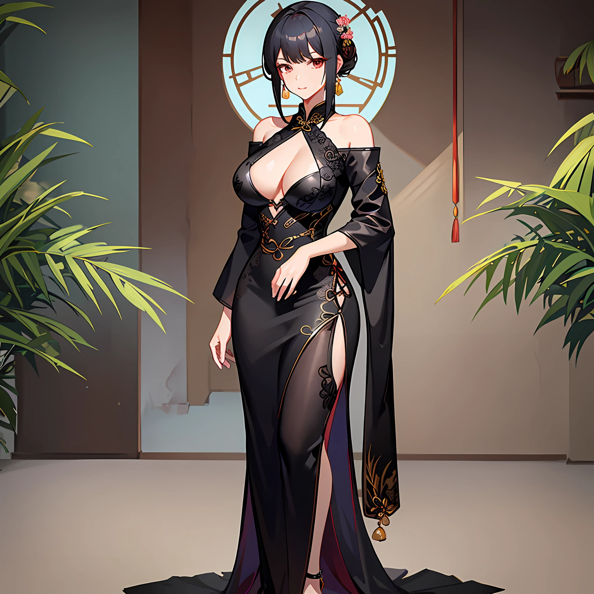 Standing posture, complete limbs, shoulder-length short hair, black hair, mature woman, slightly fat, breast enlargement, thin waist, off-the-shoulder cheongsam, Chinese style cheongsam, long cheongsam, tall figure, 8k picture quality