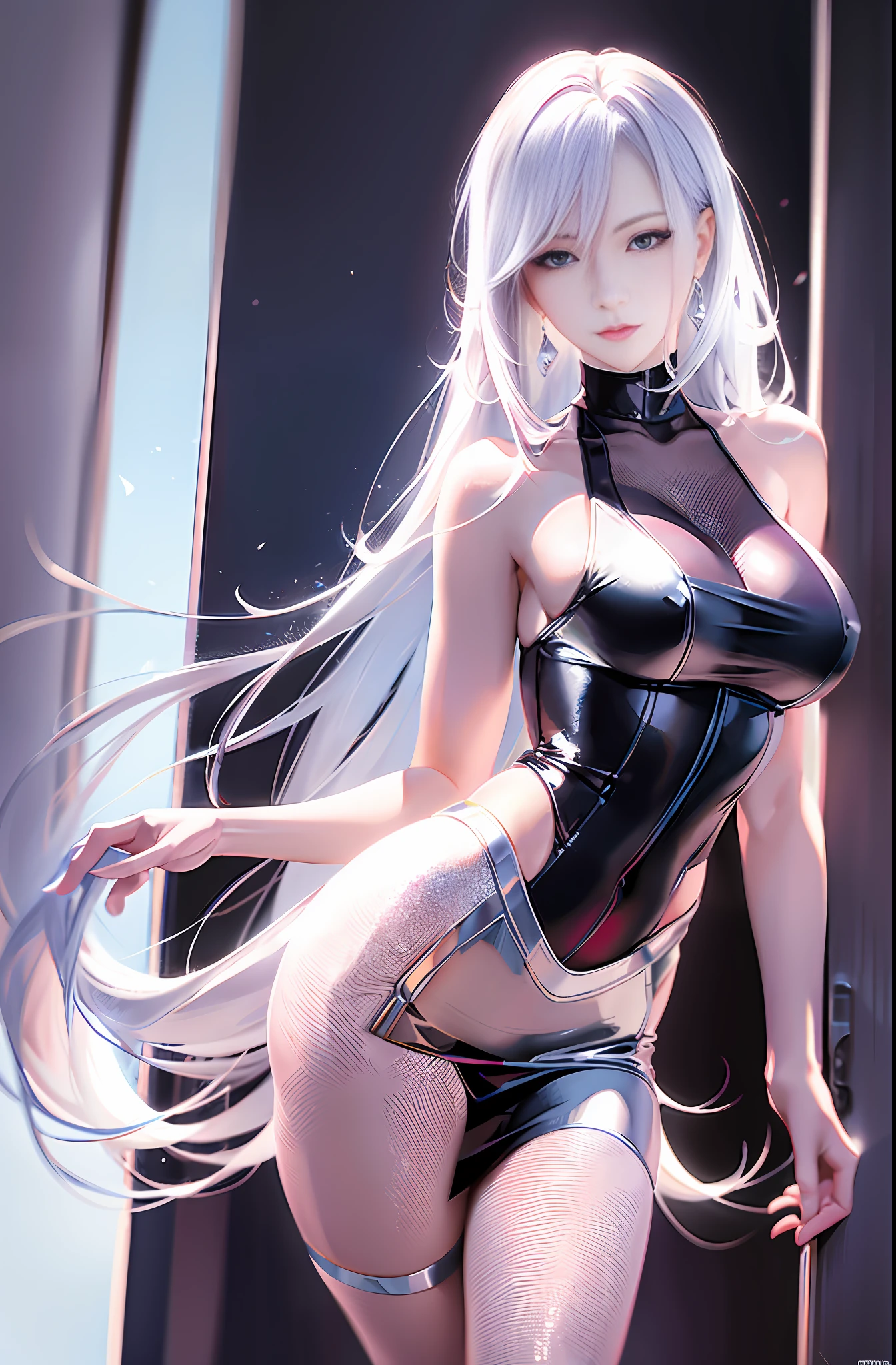 Master anime work, impeccable masterpiece, a sexy mature modern woman standing on a pure white background in sexy modern professional clothing, flowing silver hair, full body standing, slender legs, straight breasts, detailed face details, natural and beautiful standing, vivid and real body details, perfect abdomen