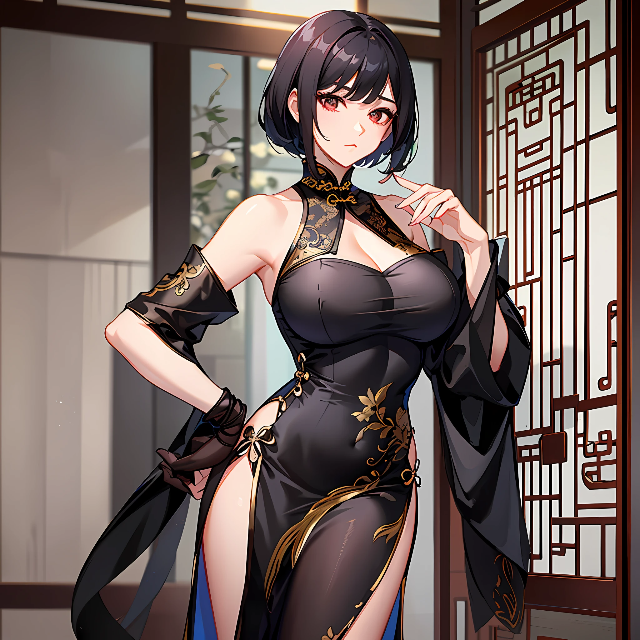 Standing posture, complete limbs, shoulder-length short hair, black hair, mature woman, slightly fat, breast enlargement, thin waist, off-the-shoulder cheongsam, Chinese style cheongsam, long cheongsam, tall figure, 8k picture quality